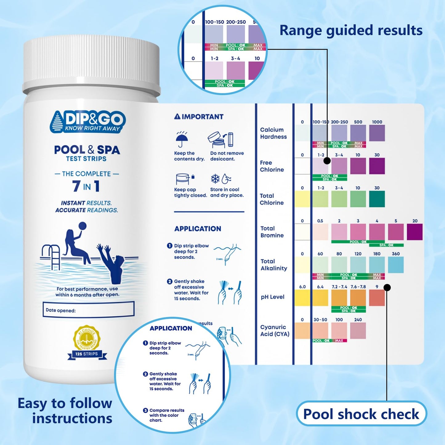 7 in 1 Pool and Spa Test Strips - 125 Strips Pool and Hot Tub Test Kit for pH, Total Chlorine, Total Alkalinity, Hardness, Free Chlorine, Bromine, Cyanurlc Acid