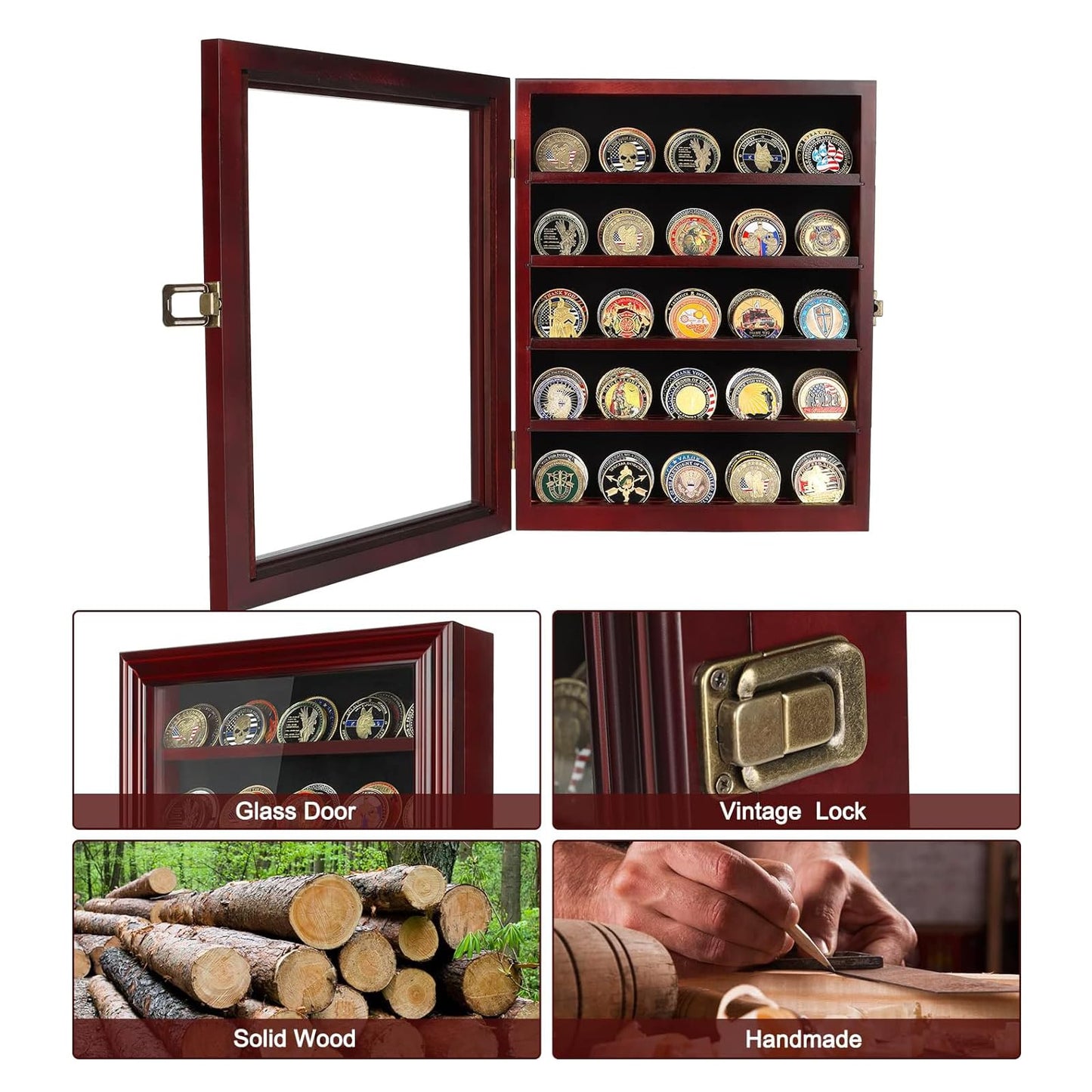 ASmileIndeep Military Challenge Coin Display Case Holder with HD Toughened Glass and Wall Mount, Wooden Coin Stand Rack with Removable 2 Grooves Shelves, Mahogany Finish…