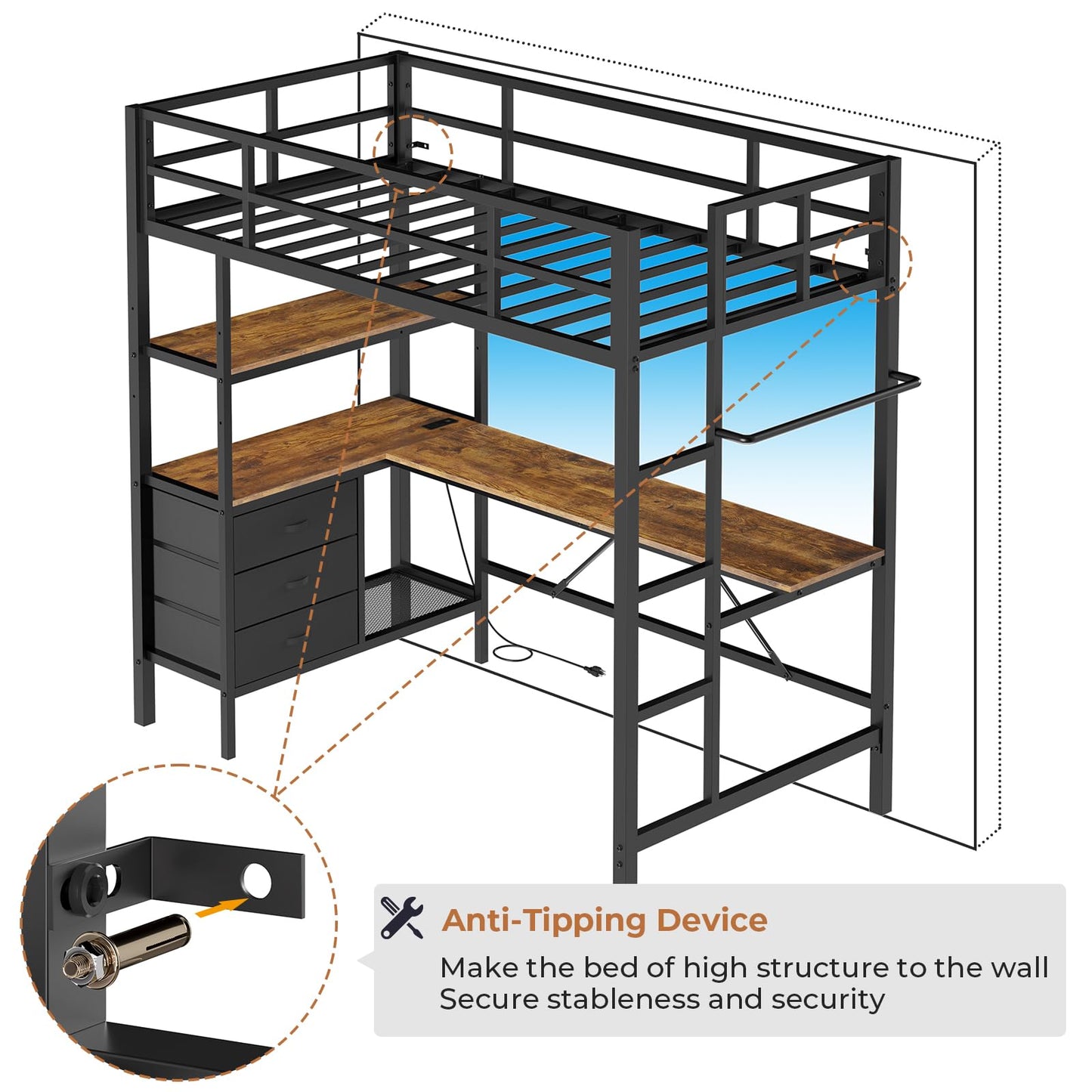 DICTAC Twin Metal Loft Bed with L-Shaped Desk, LED Lights,Charging Station LED Loft Bed Frame Twin Size with 3 Storage Shelves and 3 Fabric Drawers, Safety Guard & Ladder, No Box Spring Needed, Black