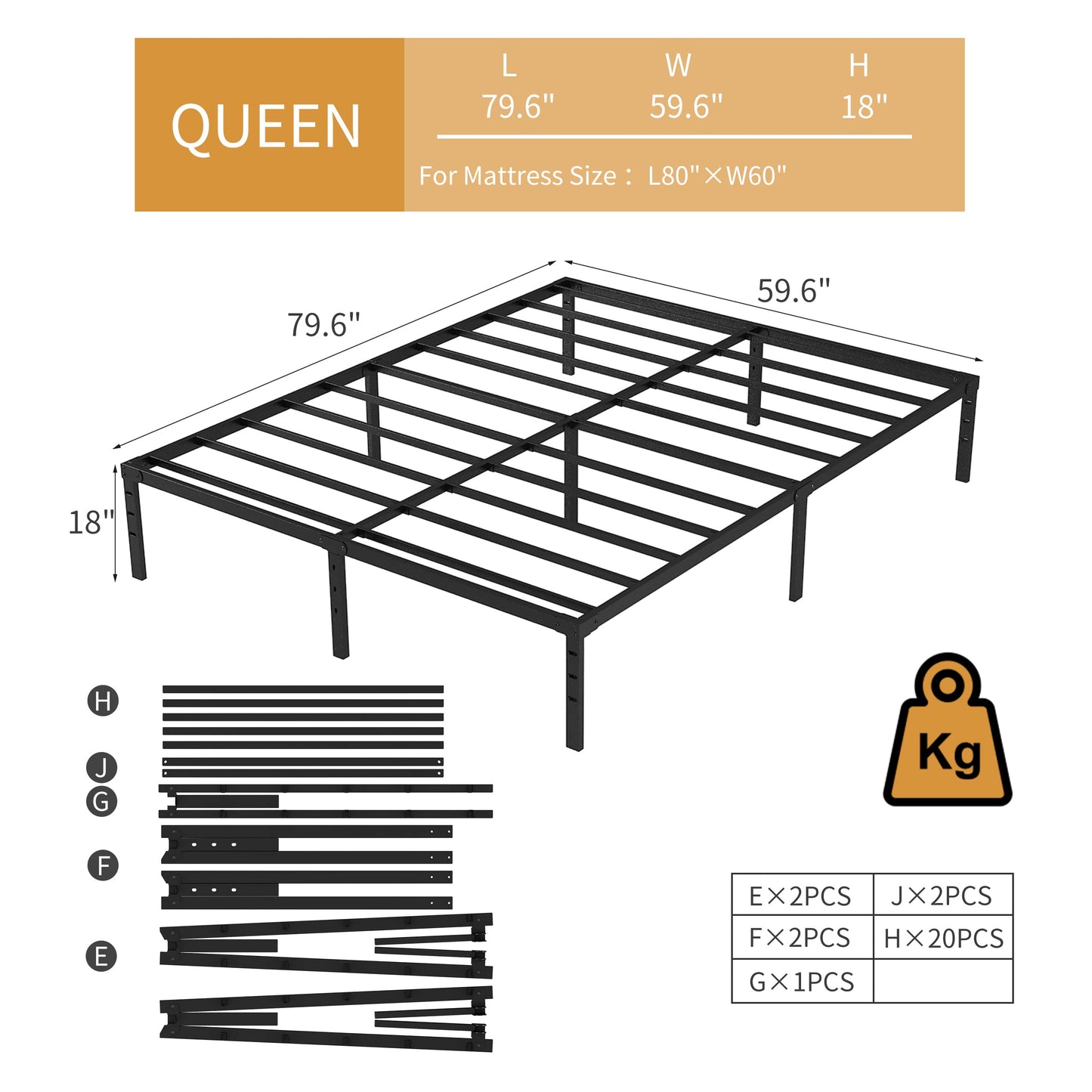 NEW JETO Metal Bed Frame-Simple and Atmospheric Metal Platform Bed Frame, Storage Space Under The Bed Heavy Duty Frame Bed, Sturdy Queen Size Bed Frame, 18 Inch, Queen