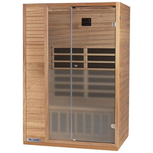 LIFE SMART Sahara 2 Person Infrared Home Sauna with 5 Heaters, Adjustable Temperature and Roof Vent, and Bluetooth, LSS-2, Natural Okoume Hemlock Wood