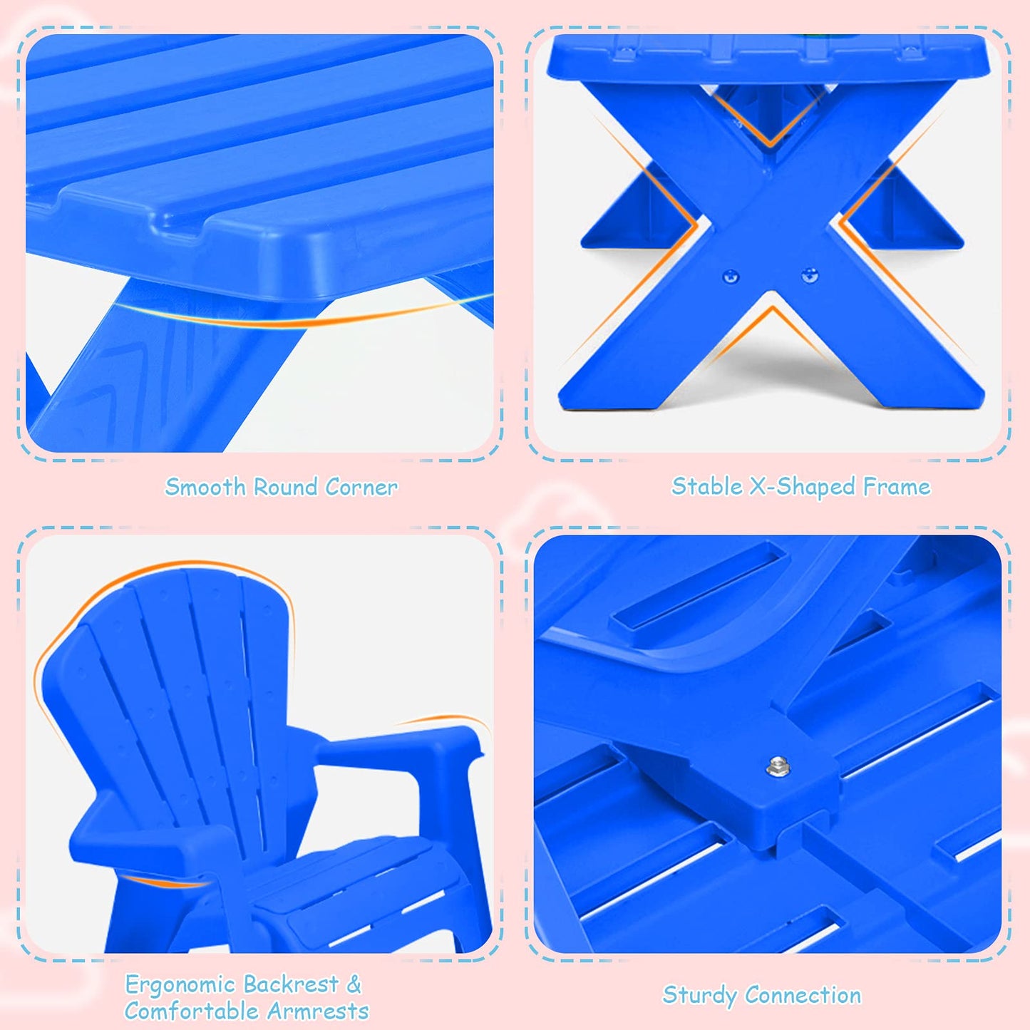 Costzon Kids Table and Chair Set, Outdoor Toddler Activity Table and Adirondack Chairs for Picnic, Garden, Patio, Backyard & Beach, Kids Outdoor Table and Chair Set (Blue)