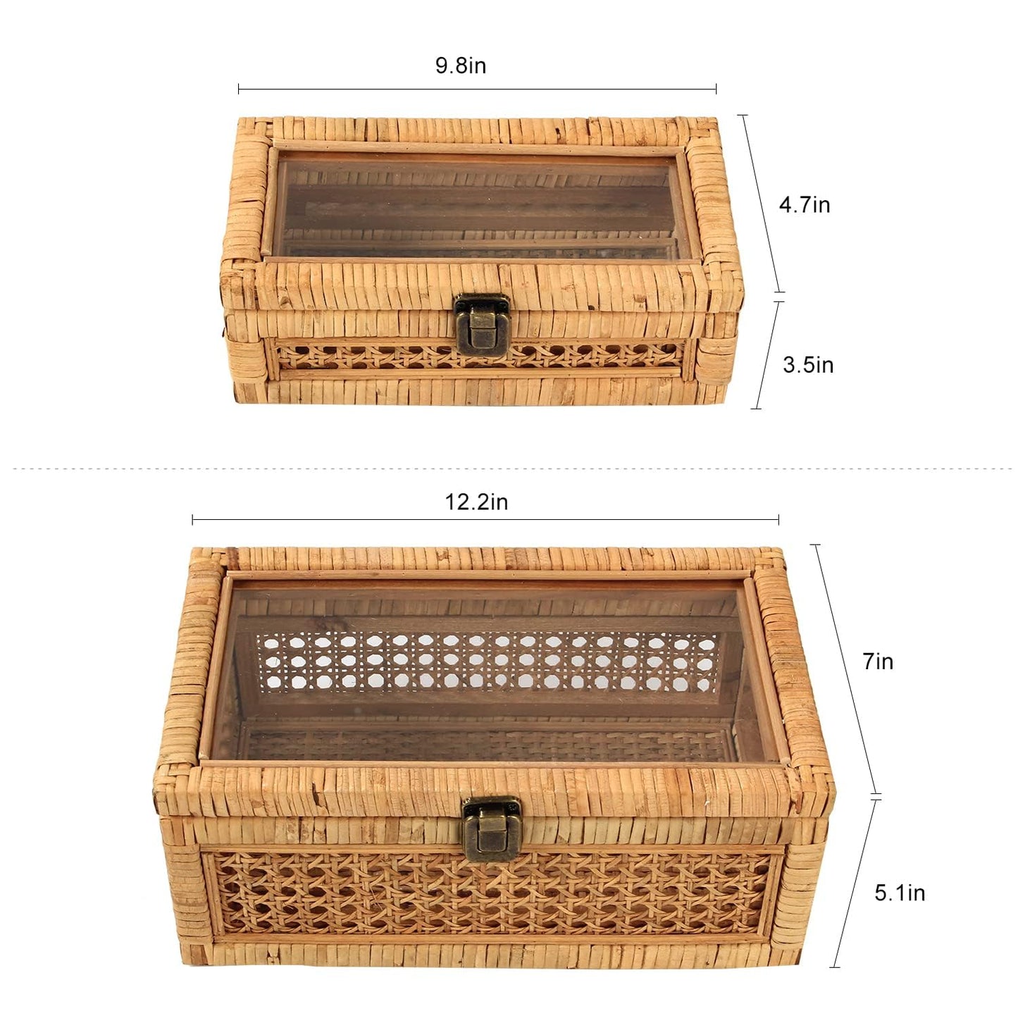 HUAXIN CRAFT H Rattan Decorative Box with Lid, Rectangular Woven with Glass for Display, Set of 2 Wicker for Decor