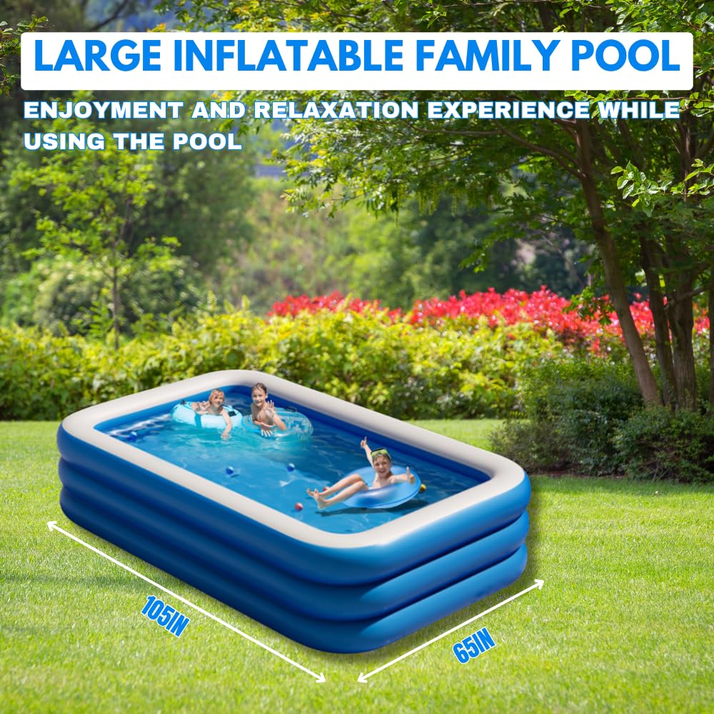 Berlin Direct Inflatable Pool 105"" x 65"" x 20"" - Electric Pump Included - Triple Chamber - Double Thick Material (8.75ft x 5.4ft x 1.7ft), Blue, RXZ12