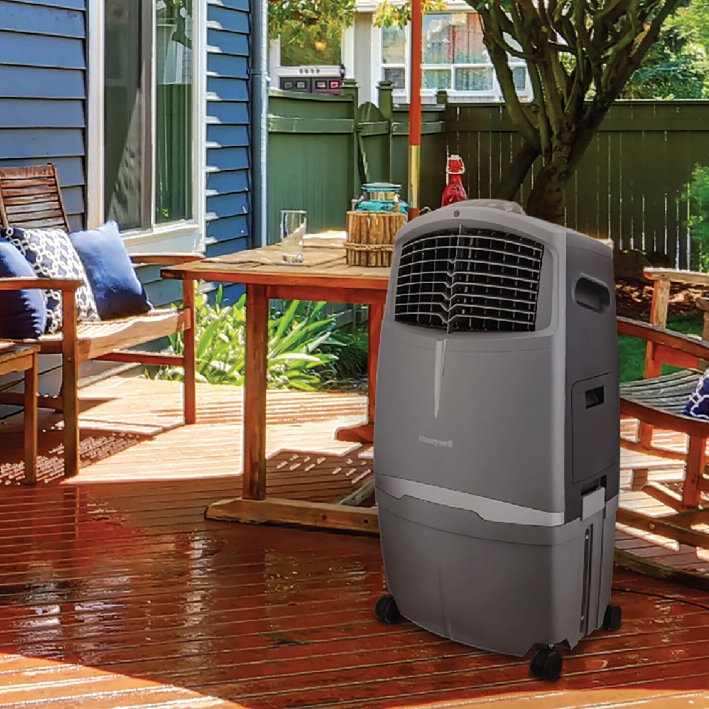 Honeywell 525 CFM Outdoor Portable Evaporative Swamp Cooler for BBQ Area, Patio, Garage, and Backyard, 115V, Evaporative Air Cooler with Fan and Remote Control, Gray