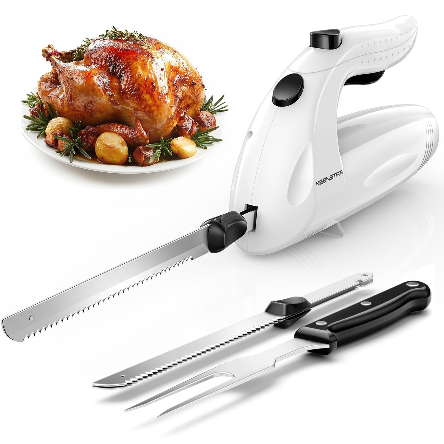 KEENSTAR Electric Knife for Carving Meat, Turkey, Bread, 150W Electric Knife Set with 2 Serrated Stainless Steel Blades & Serving Fork for Slicing Poultry, Ham & More, Ergonomic Handle & Safety Lock