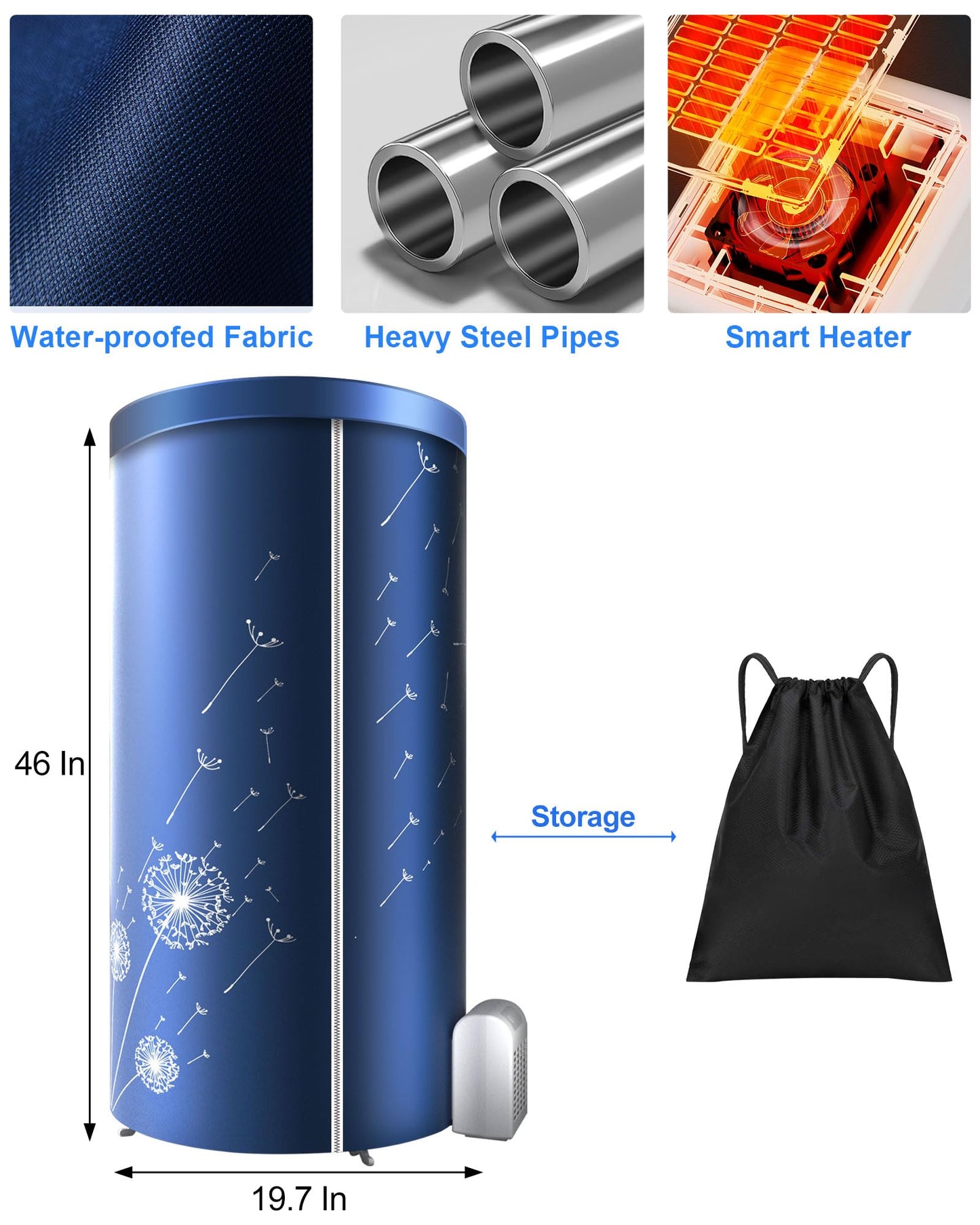 KASYDoFF Portable Dryer, 46Inch -1000W Portable Clothes Dryer, Travel Portable Dryer Machine for Clothes with Timer, Mini Dryer for Apartment, Home, RVs