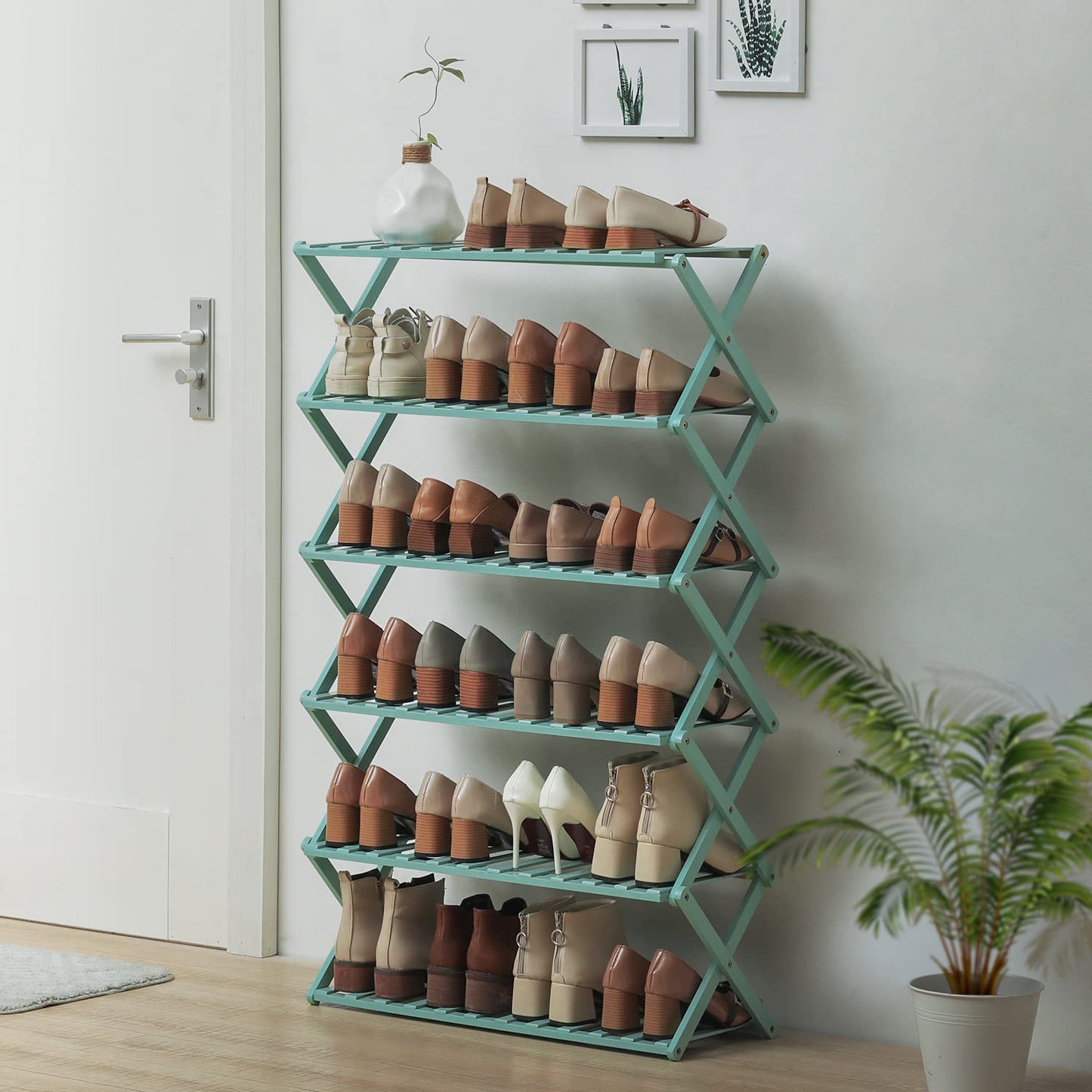 MoNiBloom Folding Shoe Rack for Entryway, Bamboo 6 Tier Stackable Installation-Free Shoe Storage Cabinet for 21-25 Pairs for Boots Heels Sandals Slippers, Green