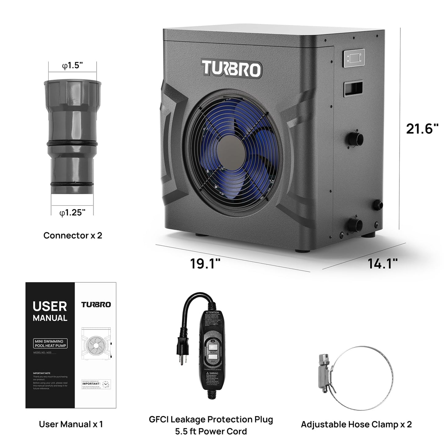 TURBRO Swimming Pool Heat Pump - 20,000 BTU - for Above and In Ground Pools and Spas - High Efficiency, All Electric Heater - No Natural Gas or Propane Needed, Manatee M20