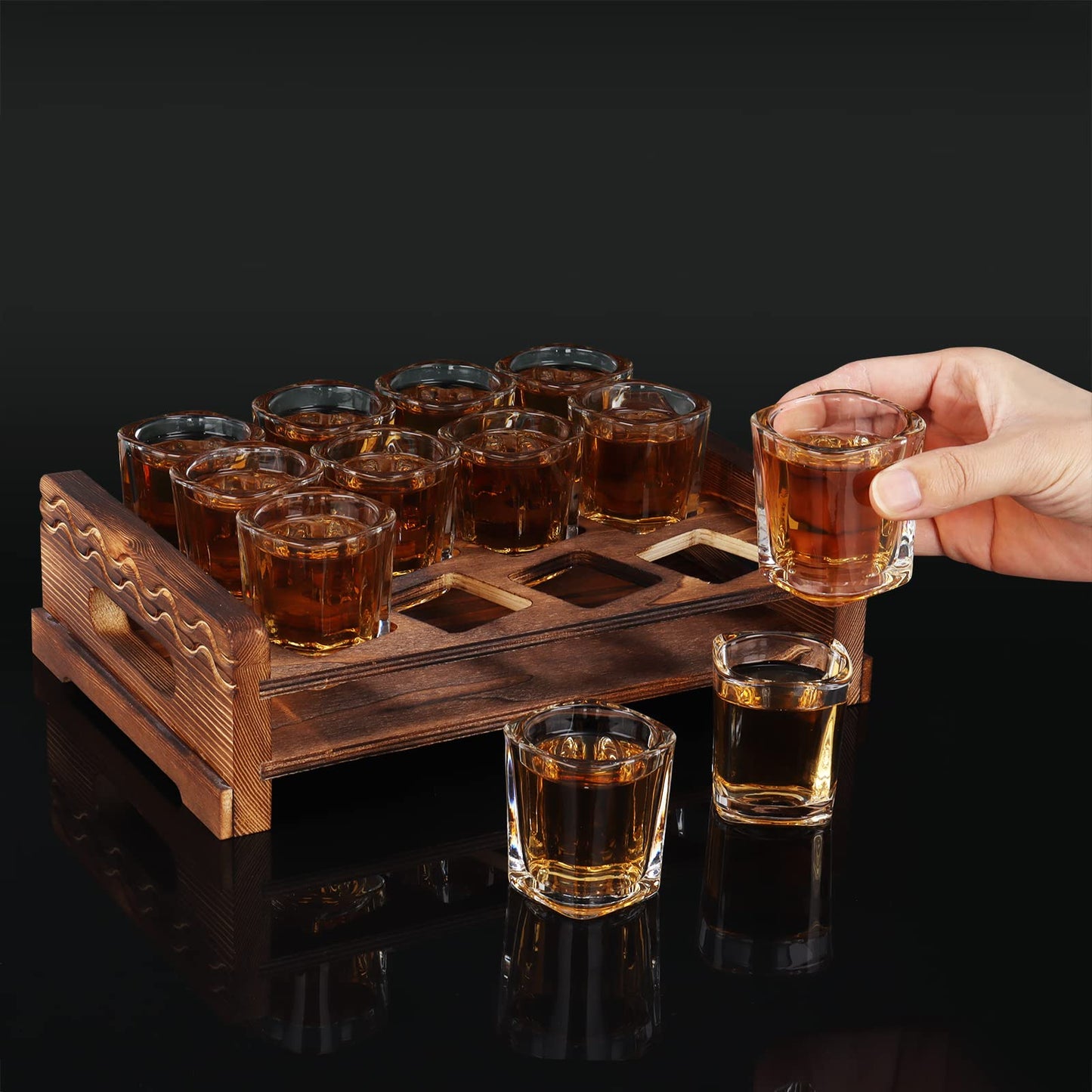 Vivimee Shot Glass Holder Set with 12 Clear 2.3 oz Square Crystal Shot Glasses & Rustic Burnt Wood Serving Tray for Whiskey, Tequila, Liqueurs, Party & Collection