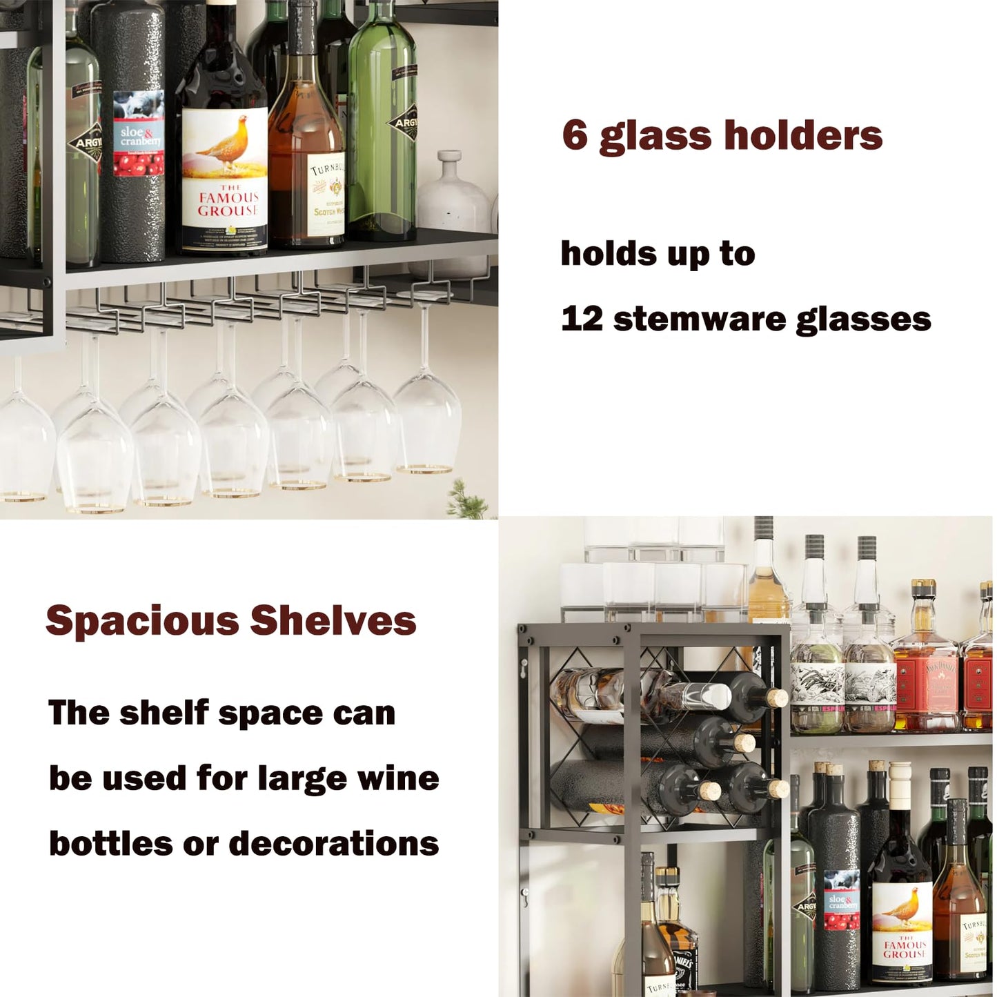 HEONITURE Wall Mounted Wine Rack, Multi Functional Bar Shelves for Liquor Bottles with Glass Holder, Modern Metal Bar Shelves Wall Mounted for Home Bar, Kitchen & Dining Room