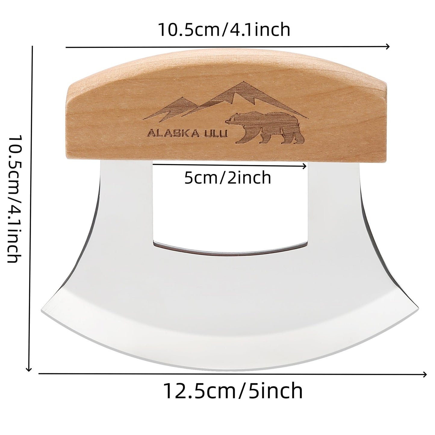 WIUCYS 5inch Alaskan Mezzaluna Ulu Knife, Salad Veggies Rocker Chopper Slicer Cutter Hashing Chopping Mincing Cleaver with Wooden Stand Arthritic Tool