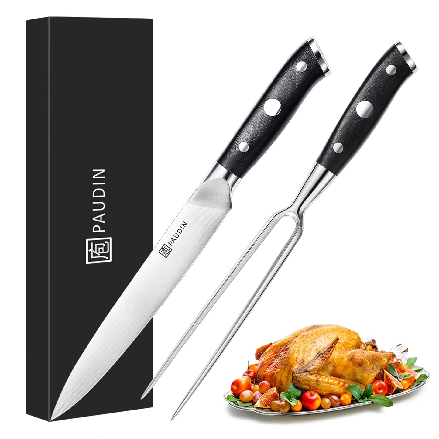 PAUDIN Carving Knife Set 8" - German Steel Turkey Carving Knife and Fork Set, BBQ Knife Set With Ergonomic Handle, Full Tang Carving Knife For Meat, Brisket