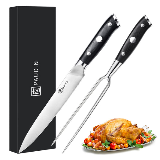 PAUDIN Carving Knife Set 8" - German Steel Turkey Carving Knife and Fork Set, BBQ Knife Set With Ergonomic Handle, Full Tang Carving Knife For Meat, Brisket