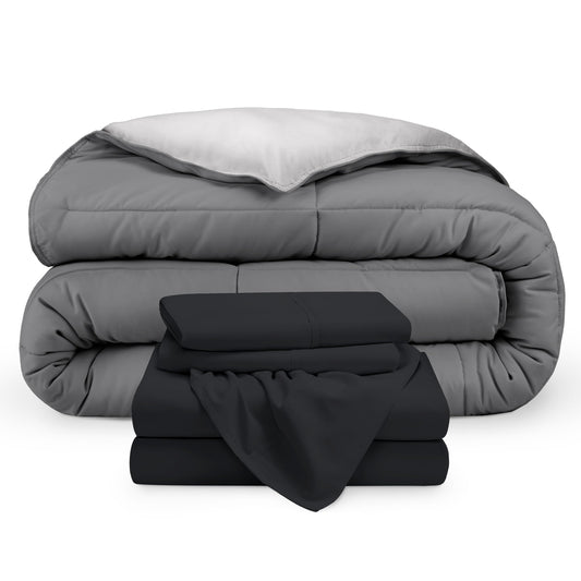 Bare Home Reversible Bed-in-A-Bag 5 Piece Comforter & Sheet Set - Queen - Down Alternative - Soft - Bedding Set (Queen, Grey/Light Grey, Black)