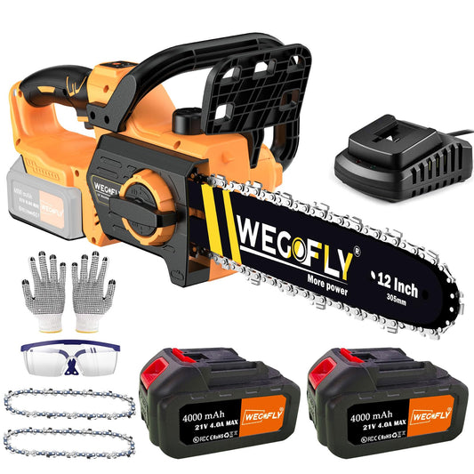 WeGofly 12-Inch Electric chainsaw Kit, (2 x 21V 4.0Ah Battery and Charger) Cordless Chainsaw with with Tool-free Chain Tension & Auto Lubrication, for Wood Cutting Trimming Courtyard Garden