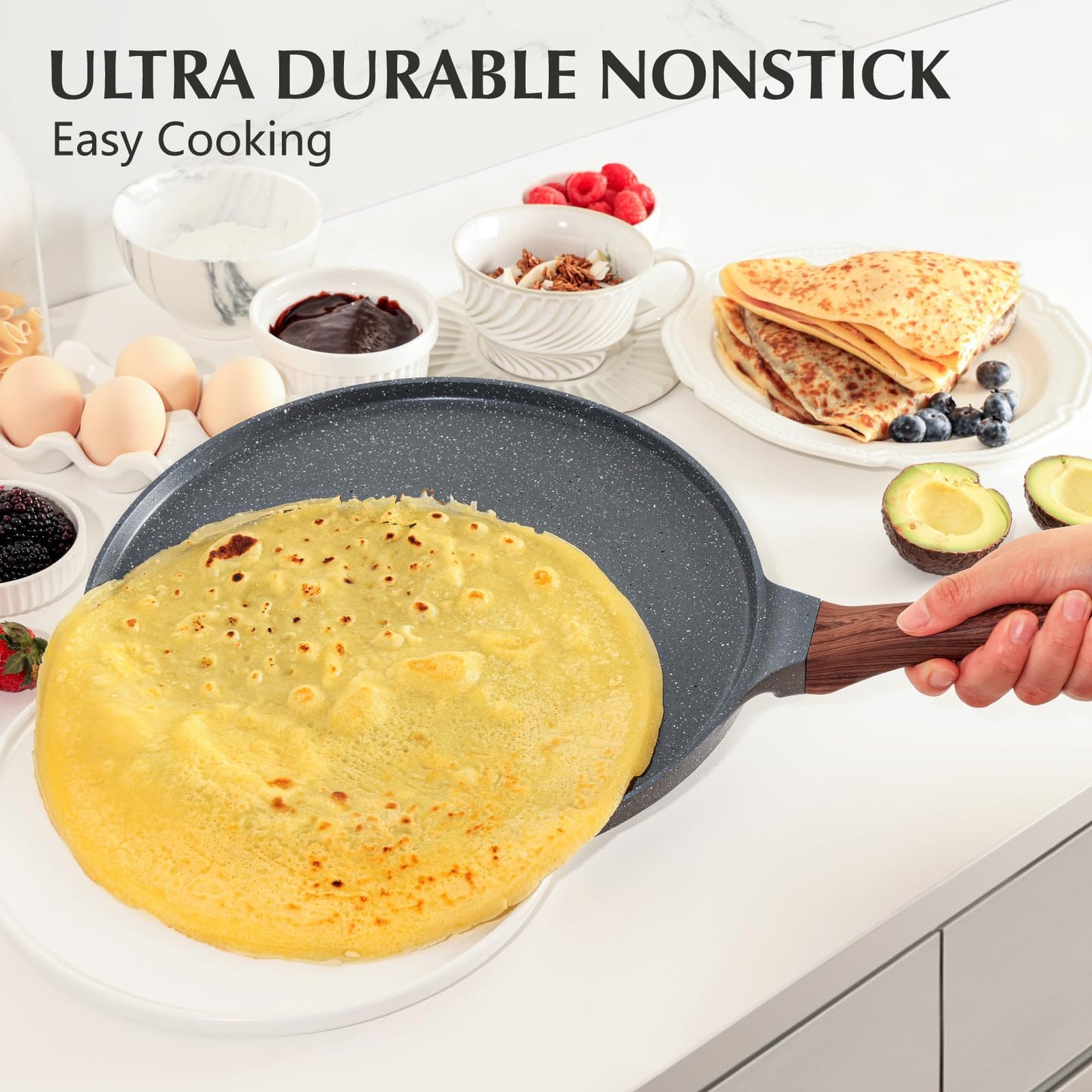 SENSARTE Nonstick Crepe Pan, Swiss Granite Coating Dosa Pan Pancake Flat Skillet Tawa Griddle 10-Inch with Stay-Cool Handle, Induction Compatible, PFOA Free