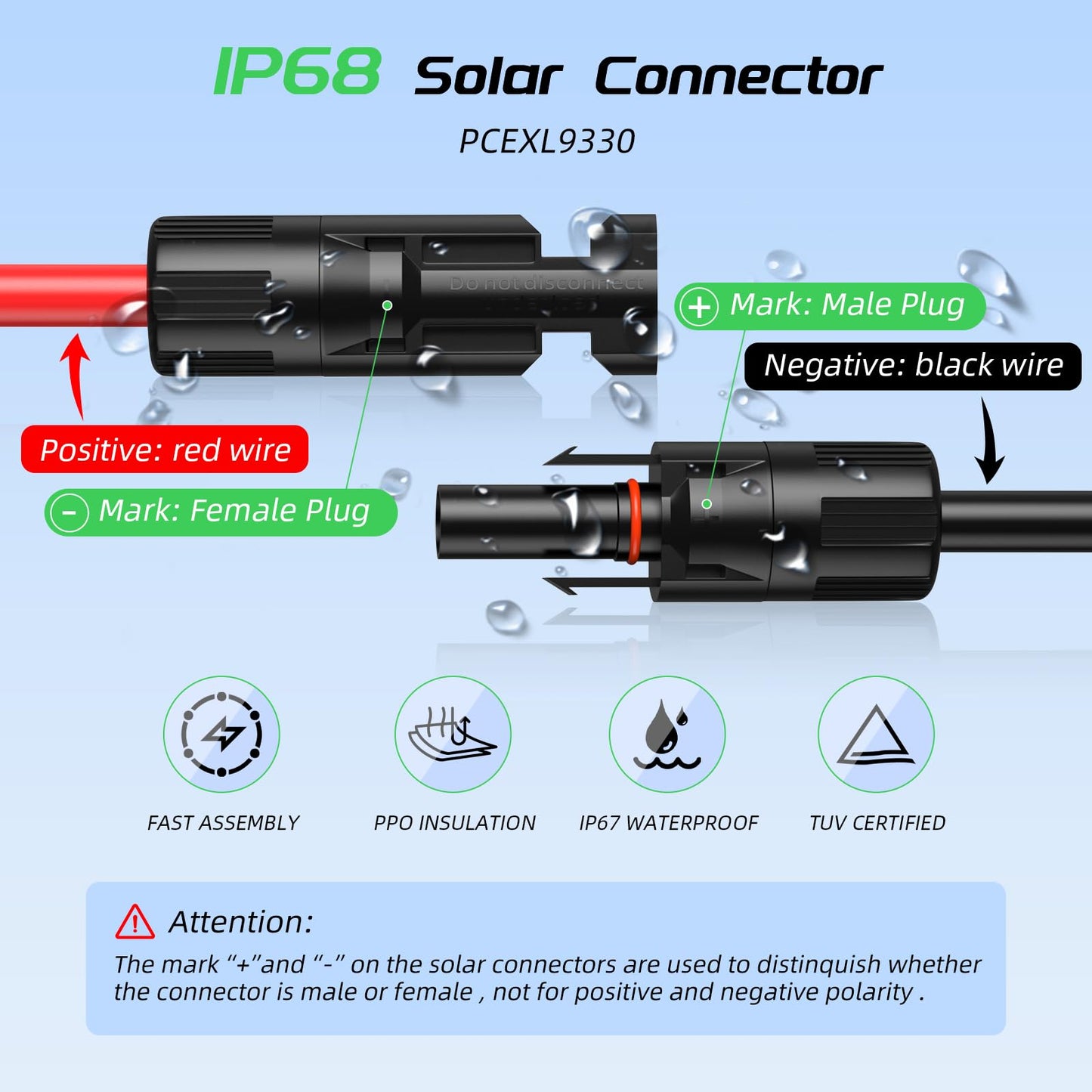 Bateria Power 30FT 10AWG Solar Panel Extension Cable, 6mm² Solar Extension Cable Wire with Female & Male Waterproof Connectors for RV, Photovoltaic Systems, Set of 2