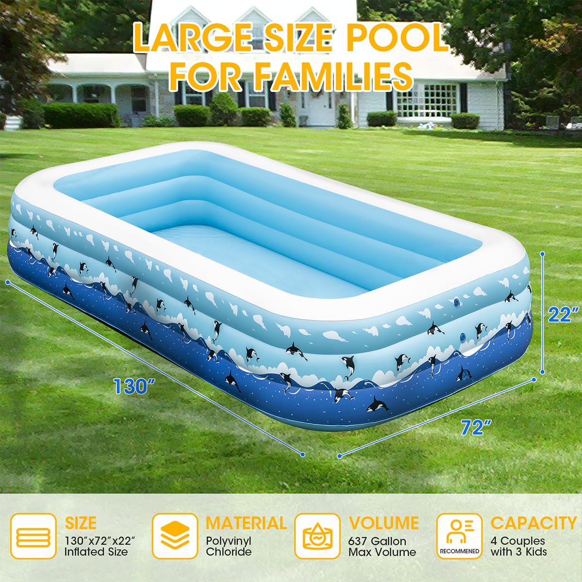 Extra Large Inflatable Pool with Pump for Adults, 130” x 72” x22” Full Size Family Blow Up Pool, Swimming Pools Above Ground for Backyard Home Garden Lawn Indoor Outdoor