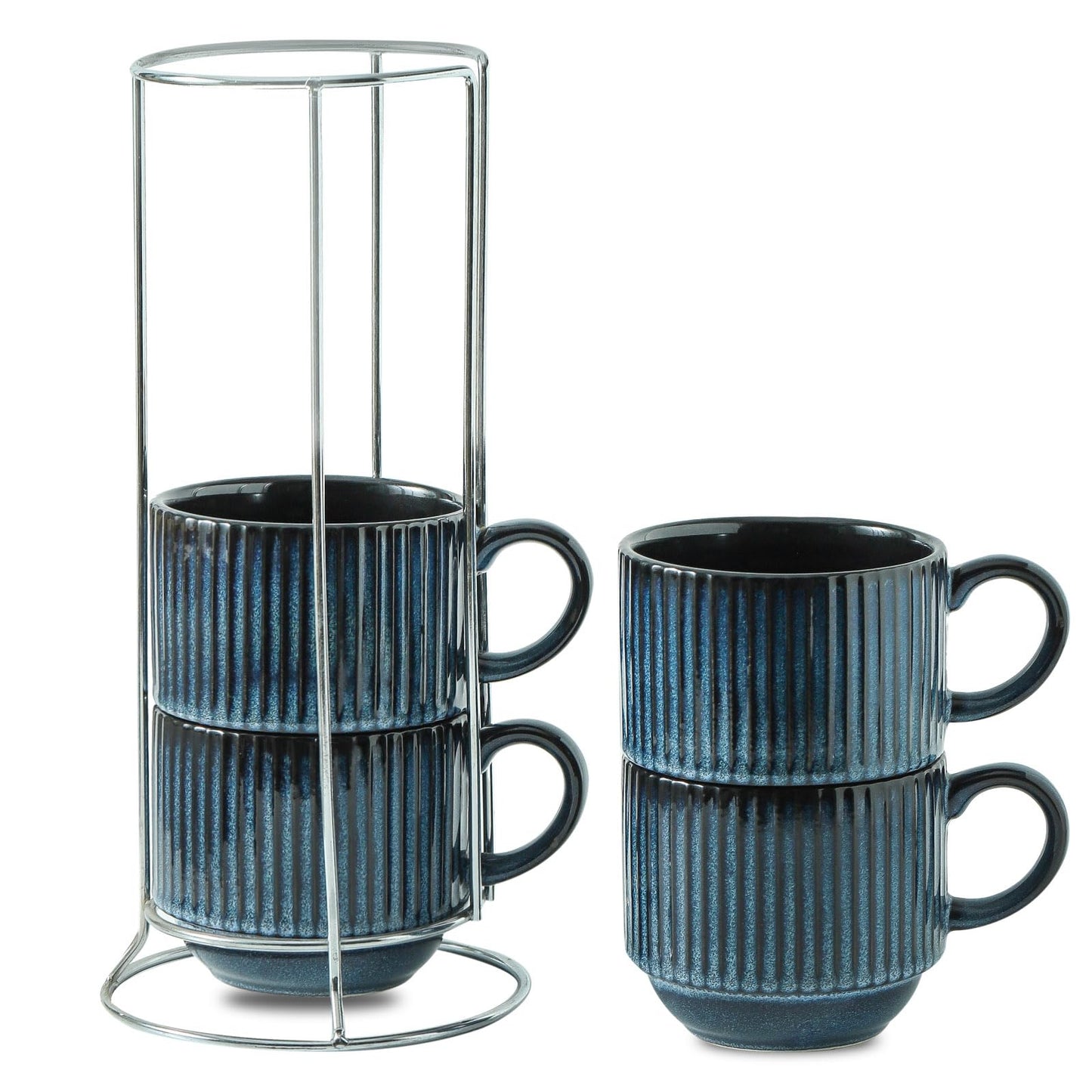 glowworm Coffee Mugs Set of 4, 15 Oz Stackable Coffee Mugs with Rack, Coffee Mugs for Home, Office, Housewarming & Engagement Gifts, Microwave & Dishwasher Safe, Navy Blue