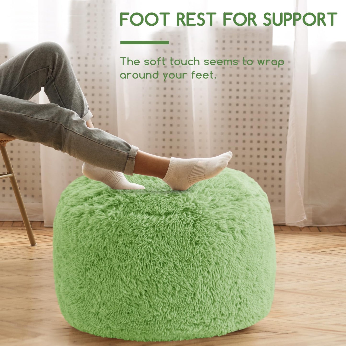 HIGOGOGO Round Stuffed Pouf Ottoman, Long Faux Fur Poufs with Foam Chunk Filling, Fluffy and Furry Pouf Foot Stool Storage Ottoman, 26 X 18 Floor Poufs Foot Rest for Living Room, Green