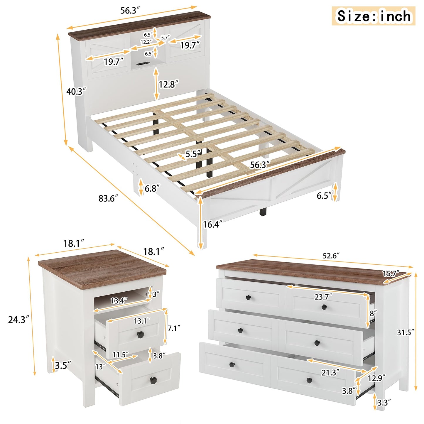 3 Pieces Bedroom Set Full Size Platform Bed with Storage Headboard, Nightstand and Dresser, 3 Piece Wood Bedroom Furniture Set,White+Brown