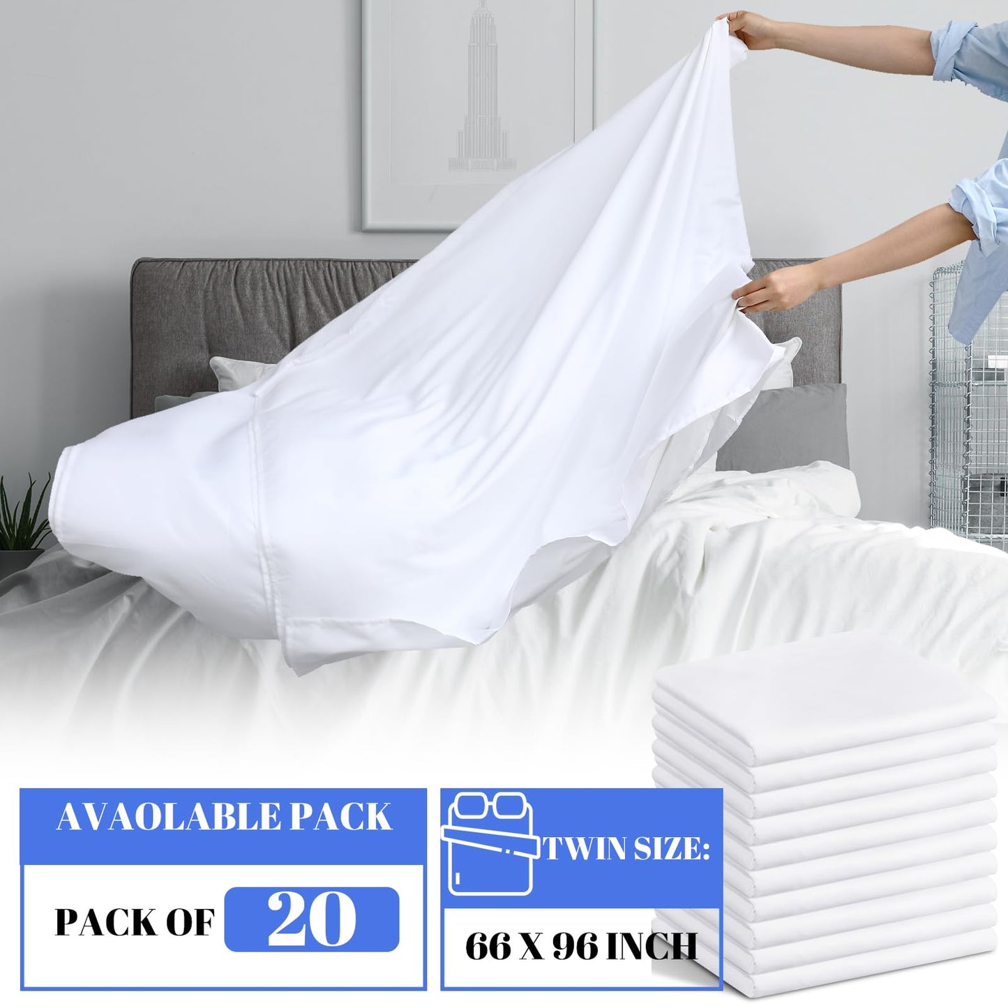 Preboun 20 Pack White Flat Sheets Bulk Soft Microfiber Top Sheets Flat Bedding Sheets Bulk Easy Care for Home, Salons, Hotels, Hospital, Massage, Spas, Guest Rooms, Dorm (Twin Size)