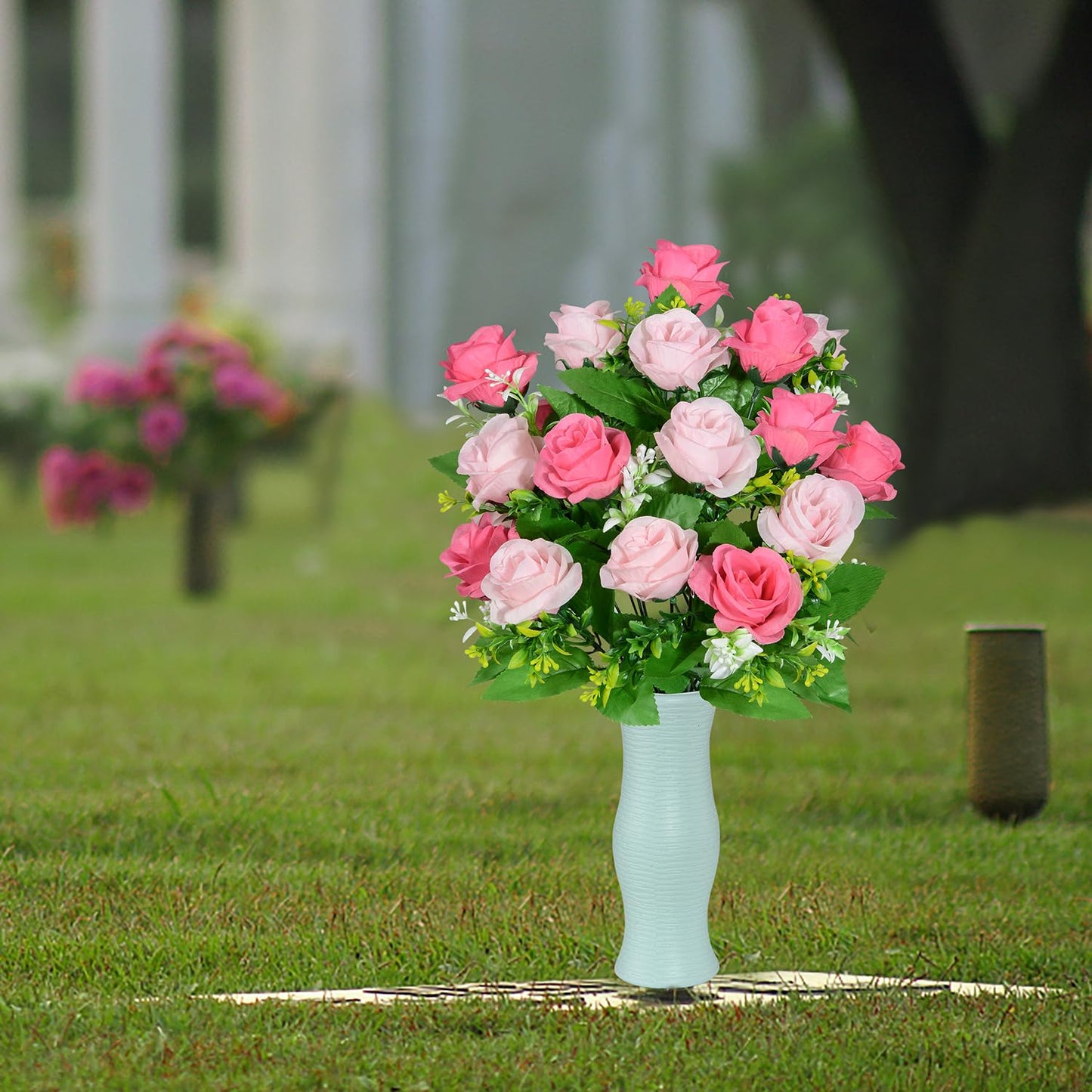 AOFOX Artificial Cemetery Flowers with Vase, Headstone Flowers Rose Bouquet, Graveyard Memorial Flowers for Grave Arrangements Set of 2 (Pink)