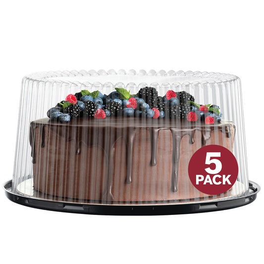 10 - 11" Plastic Disposable Cake Containers Carriers With Dome Lids And Cake Boards [5 Pack] And Cake Server | Round Bundt Cake Boxes / Cover | 2-3 Layer Cake Holder Display Containers For Transport