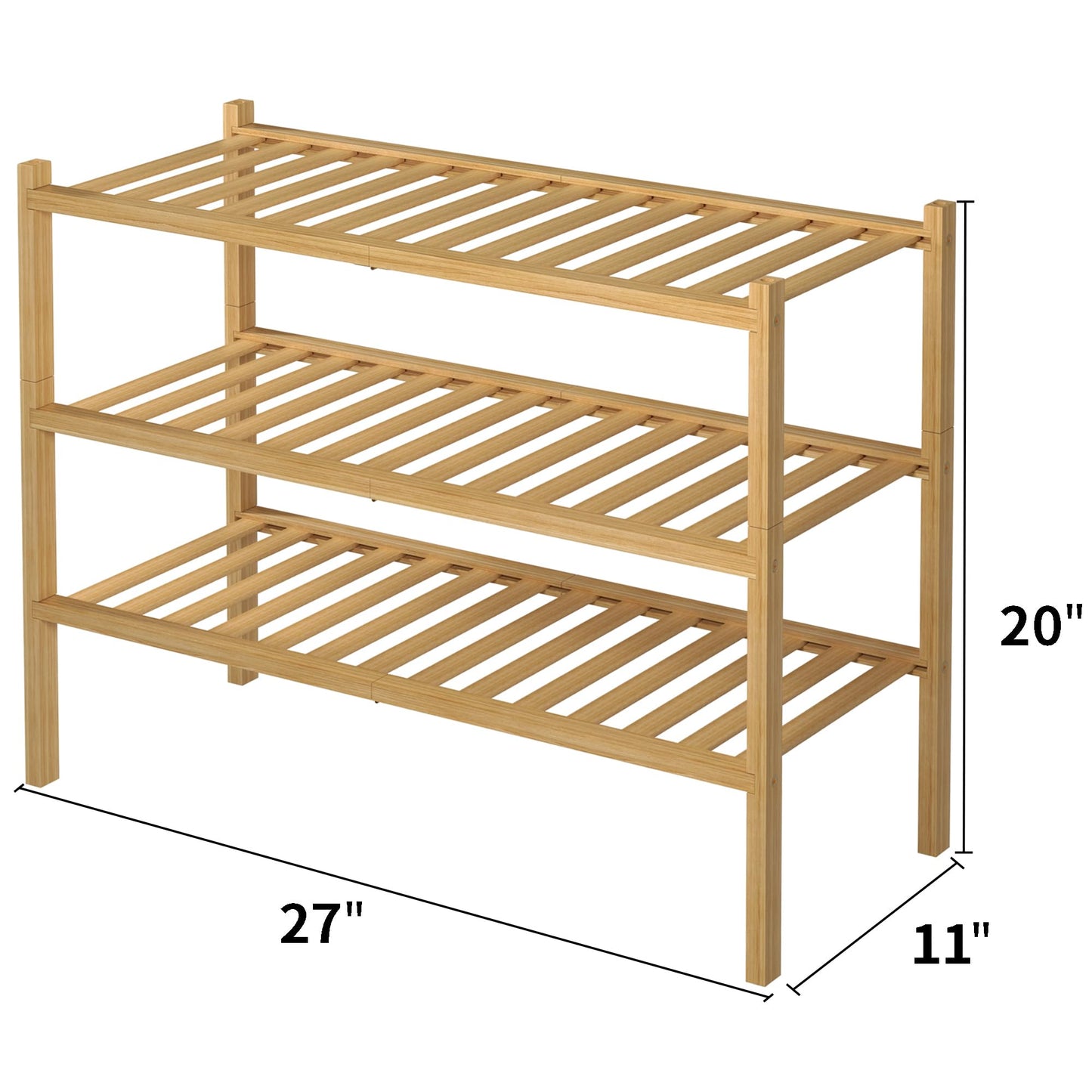 ROMGUAR CRAFT 3 Tier Bamboo Shoe Rack for Closet Free Standing Wood Shoe Shelf Storage Organizer for Entryway Small Space Stackable 27"x11"x20" (Natural)