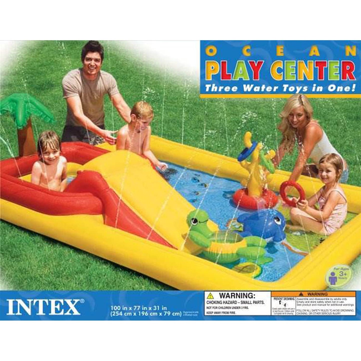 Intex 100" x 77" Inflatable Ocean Play Center Kids Backyard Kiddie Pool and Water Game Outdoor Set with Water Slide and Built-in Sprayer