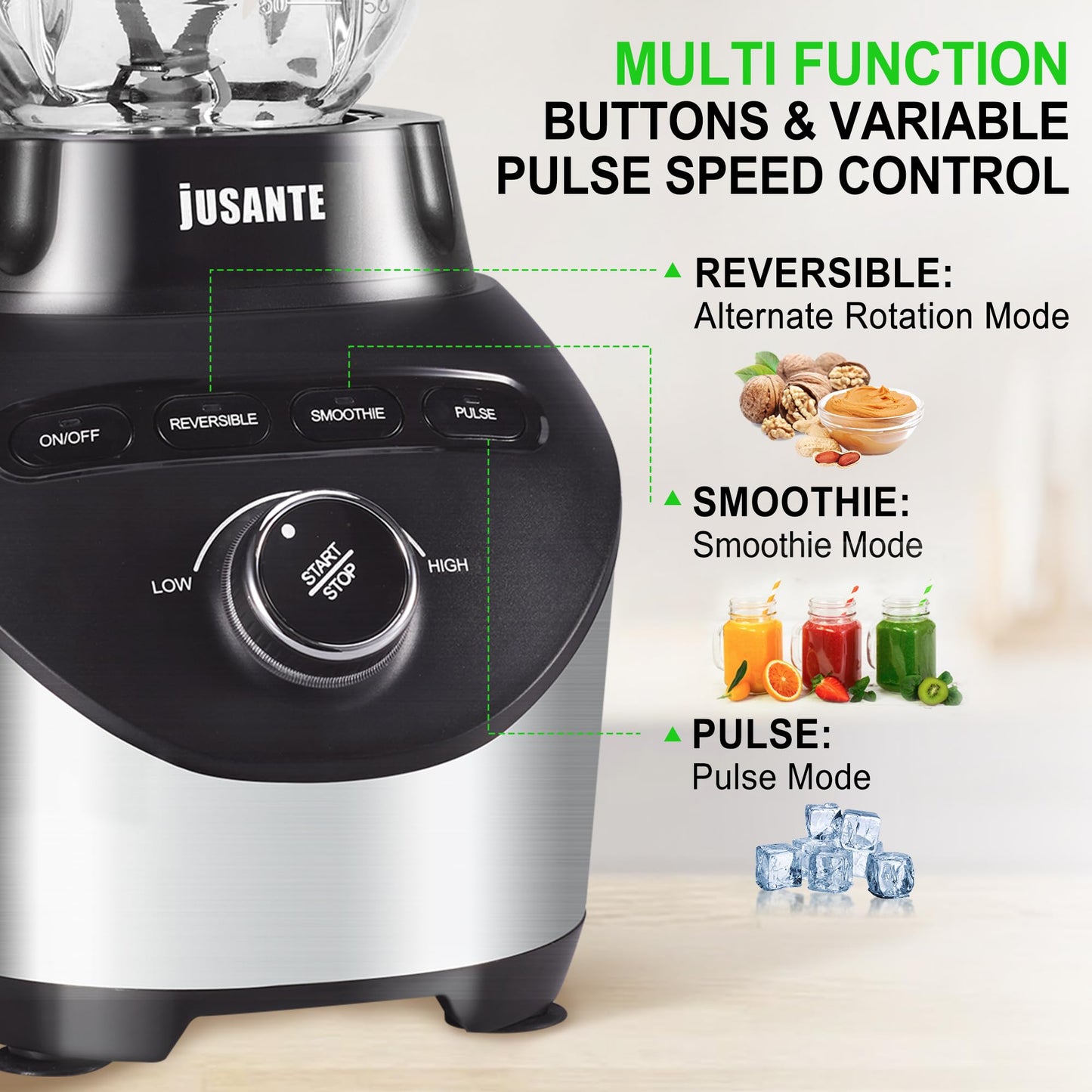 JUSANTE Professional Blender with 1200 Watts and 64 oz Glass Jar Kitchen Countertop Blender for Shakes and Smoothies with High Speed Total Crushing Smoothie Blender Black for Smoothies Frozen Drinks