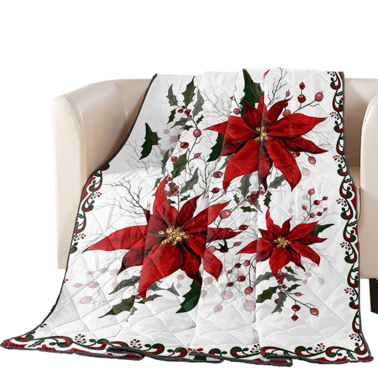 T&H XHome Quilt Full Size Luxury Quilted Comforter Bedspread-Thin Soft Cozy, Christmas Flower Poinsettia Red Floral Border Reversible Stitched Lightweight Quilt Coverlet for All Season