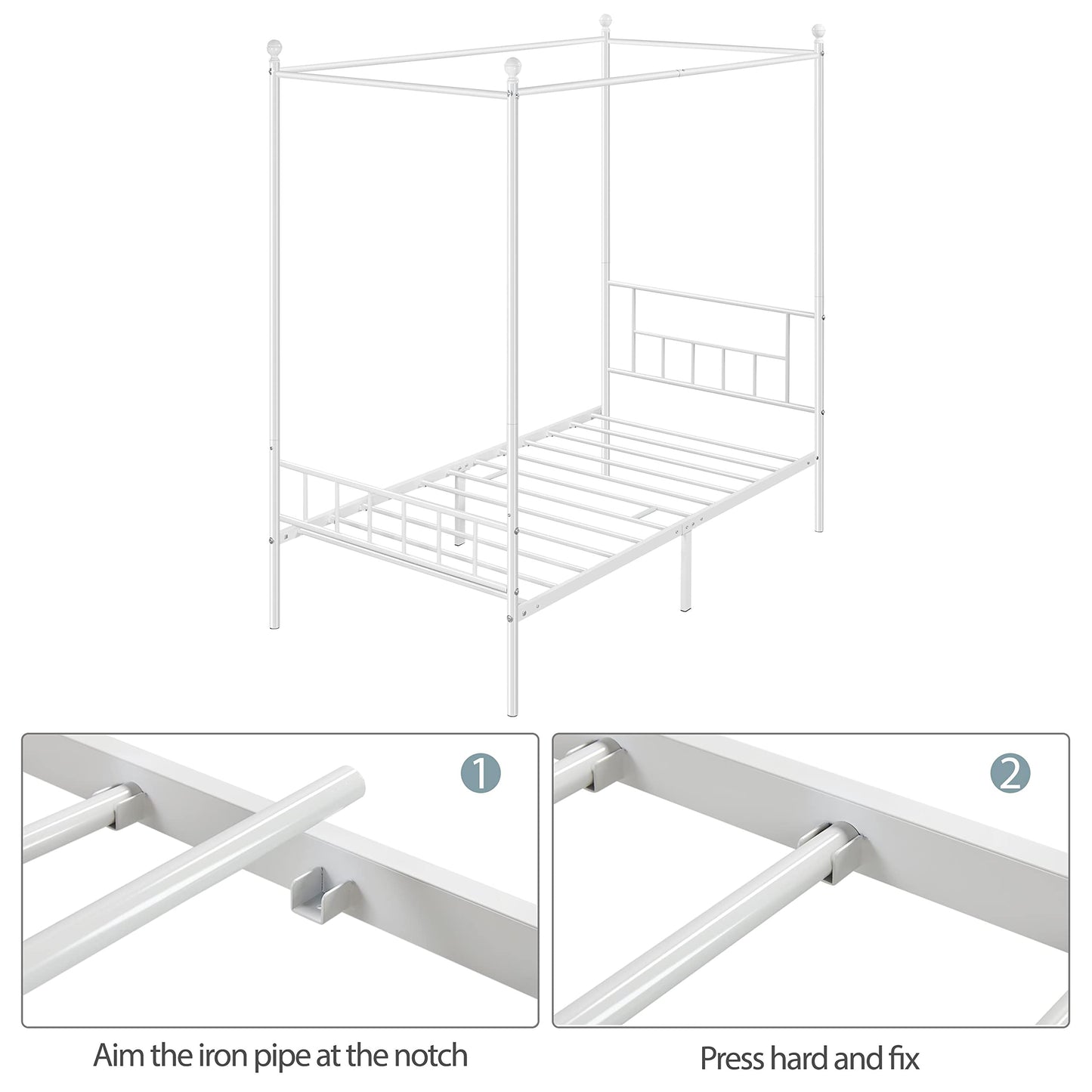 Topeakmart White Four-Poster Canopy Metal Bed Frame with Headboard and Footboard Sturdy Slatted Structure No Box Spring Needed Twin Size