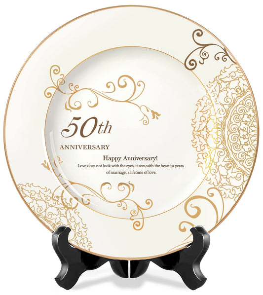 50th Anniversary Wedding Plate, 50th Anniversary Wedding Gifts for Couple, 50th Golden Anniversary Wedding Gifts for Parents, 50 Year Porcelain Gold Plate with Stand 10 Inch