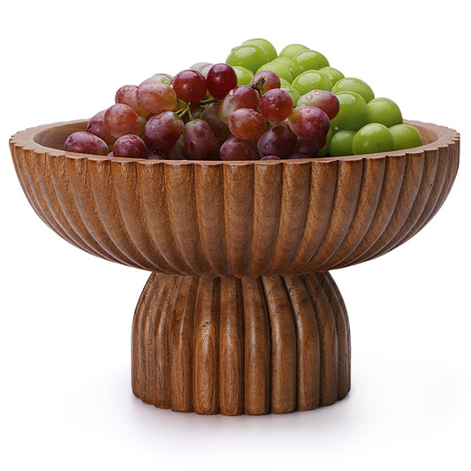 ChagoArt Wooden Fruit Bowl for Kitchen Counter- Large Decorative Bowl for Home Decor-Key Bowl for Entry Table-Ruffle Bowl-Fluted Bowl-Scalloped Bowl-Organic Modern Home Decor-Pedestal Bowl-Footed Bowl