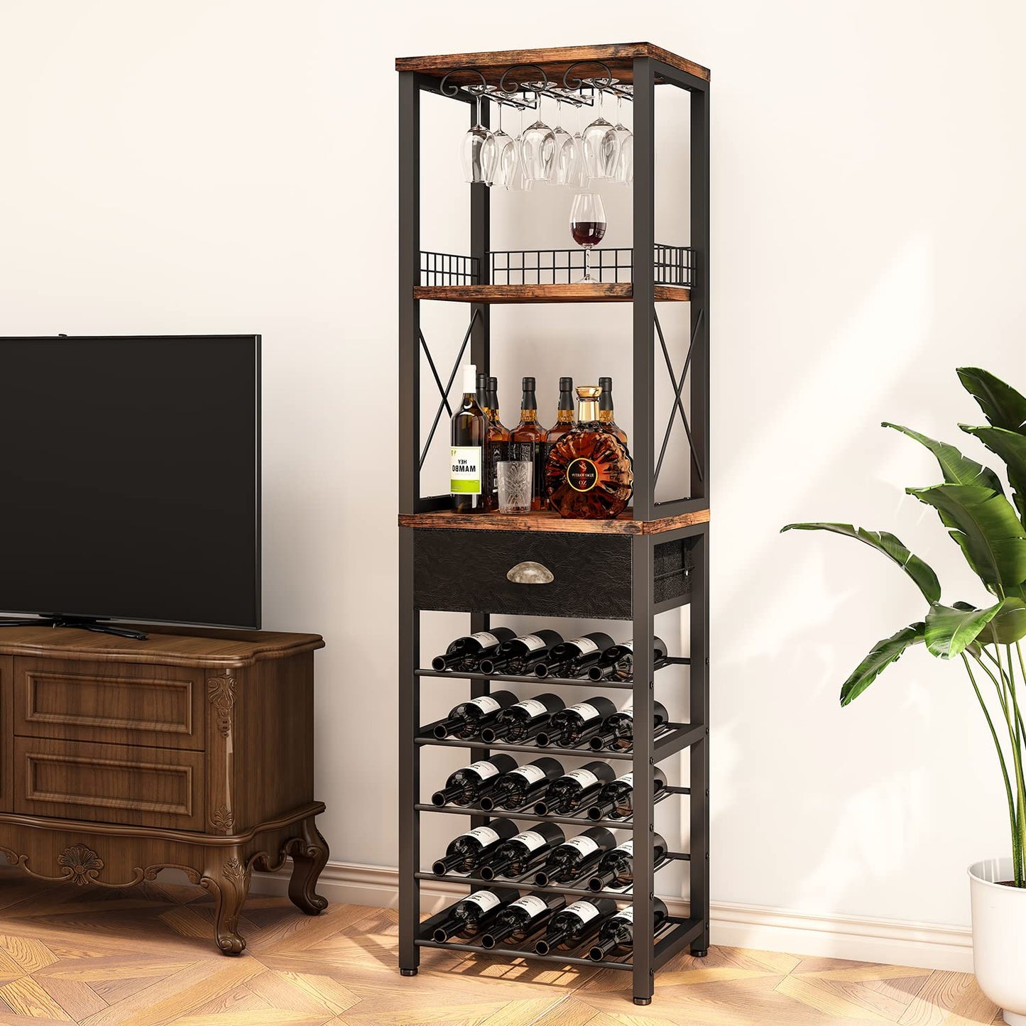 Homeiju Wine Rack Freestanding Floor, Bar Cabinet for Liquor and Glasses, 4-Tier bar Cabinet with Tabletop, Glass Holder, Storage Drawer and Wine Storage for Home Bar(Patent No.D1009580)