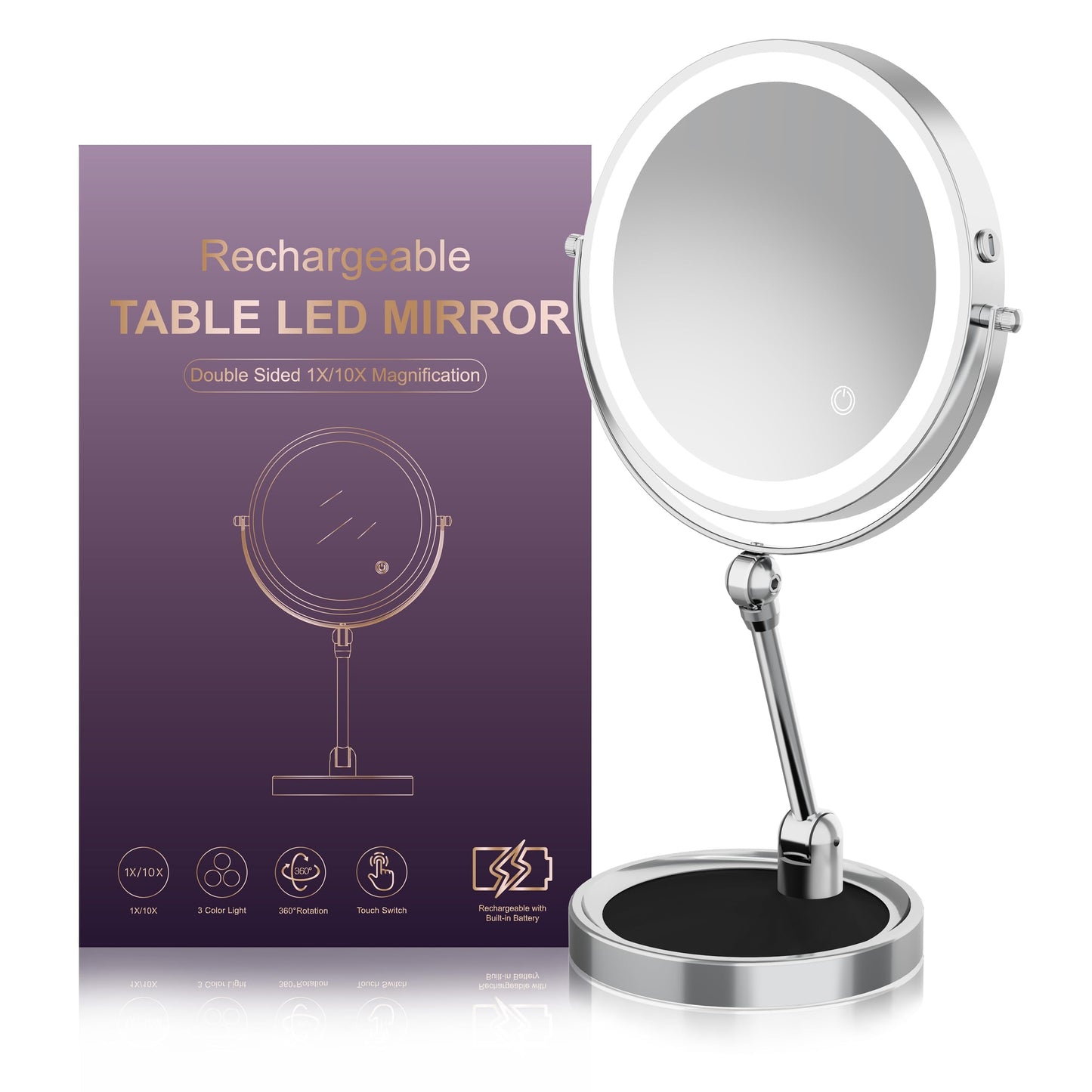 9" Large Lighted Makeup Mirror with 1X/10X Magnification, 4000mAh Rechargeable Vanity Mirror with Height Adjustable & 3 Color Dimmable Lights, 360°Swivel Double Sided Tabletop Cosmetic Mirror