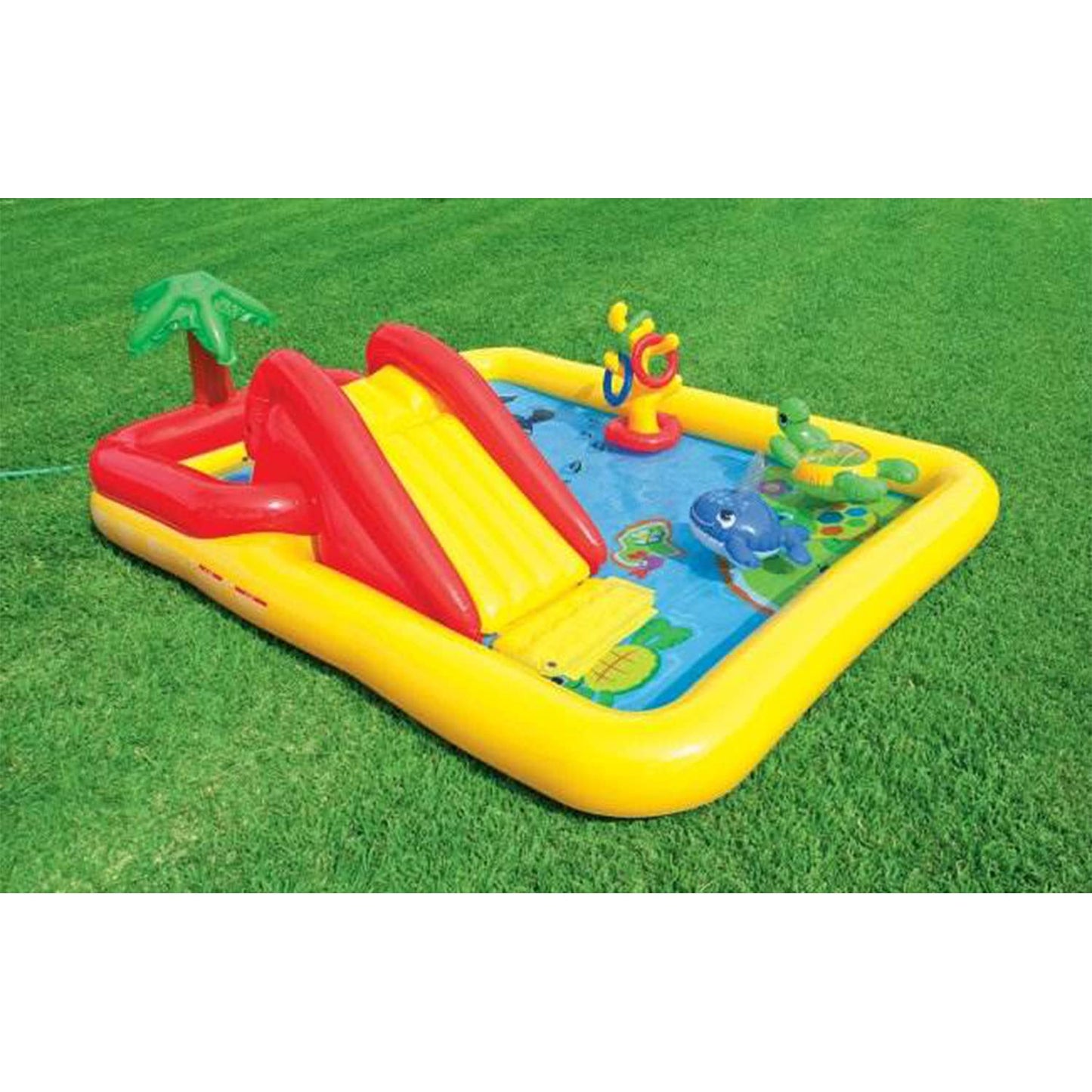 Intex 100" x 77" Inflatable Ocean Play Center Kids Backyard Kiddie Pool and Water Game Outdoor Set with Water Slide and Built-in Sprayer