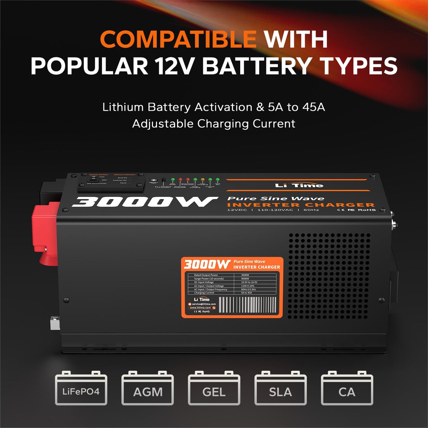 LiTime 3000W Pure Sine Wave Inverter Charger, 12V DC to 120V AC Inverter w/LCD Remote Panel, 5A to 45A Adjustable Charging Current, Surge 9000W Inverter for UPS, RV, Home, Boat