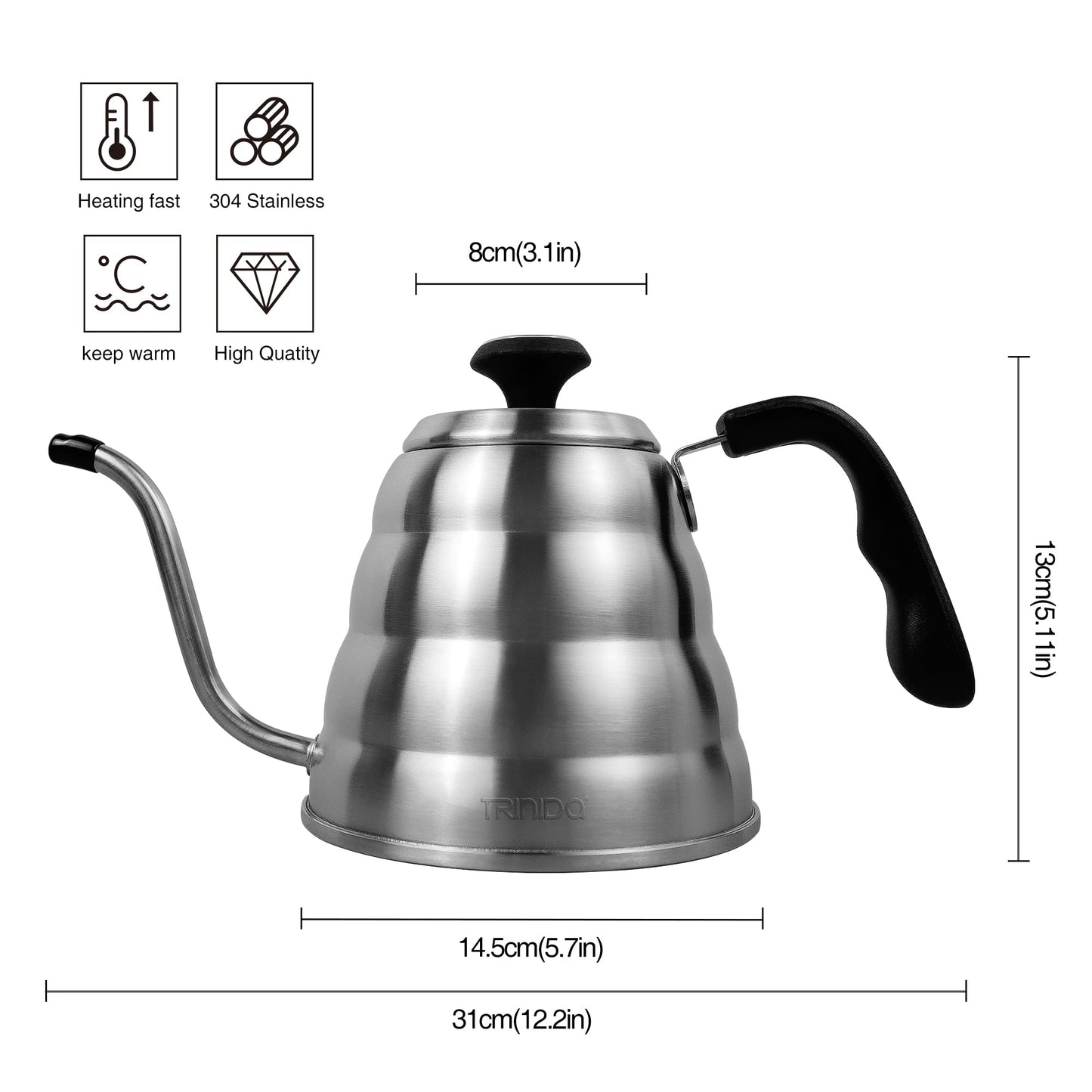 TRINIDa Gooseneck Kettle for Pour Over Coffee and Tea, 26 fl oz with Thermometer for Exact Temperature, Precision Pour Drip Spout, Stainless Steel, Compatible with all Stove Tops