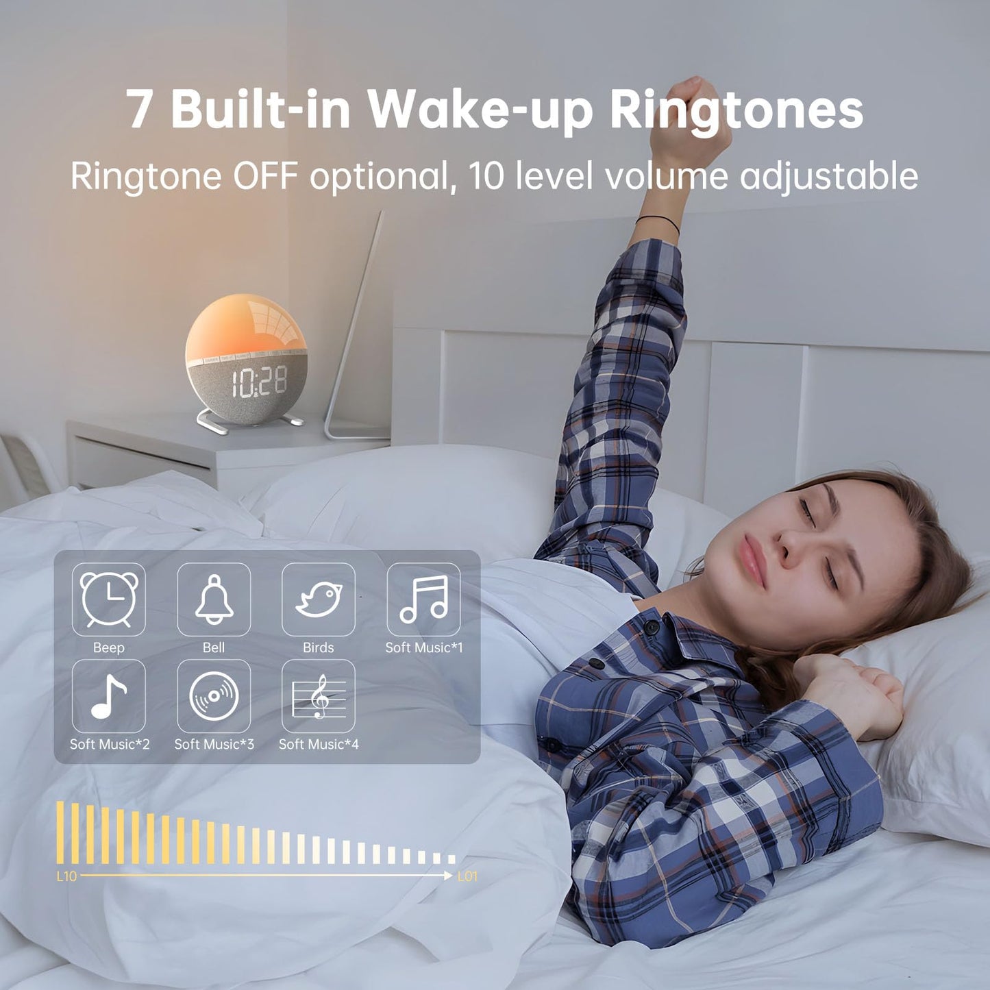 Wake Up Light Sunrise Alarm Clock for Kids, Adults, Heavy Sleepers, Bedroom, Sunlight Alarm Clock with Sunrise Simulation, Snooze, 7 Ringtones, Sleep Aid, 9 Colors Night Light, Ideal for Gift