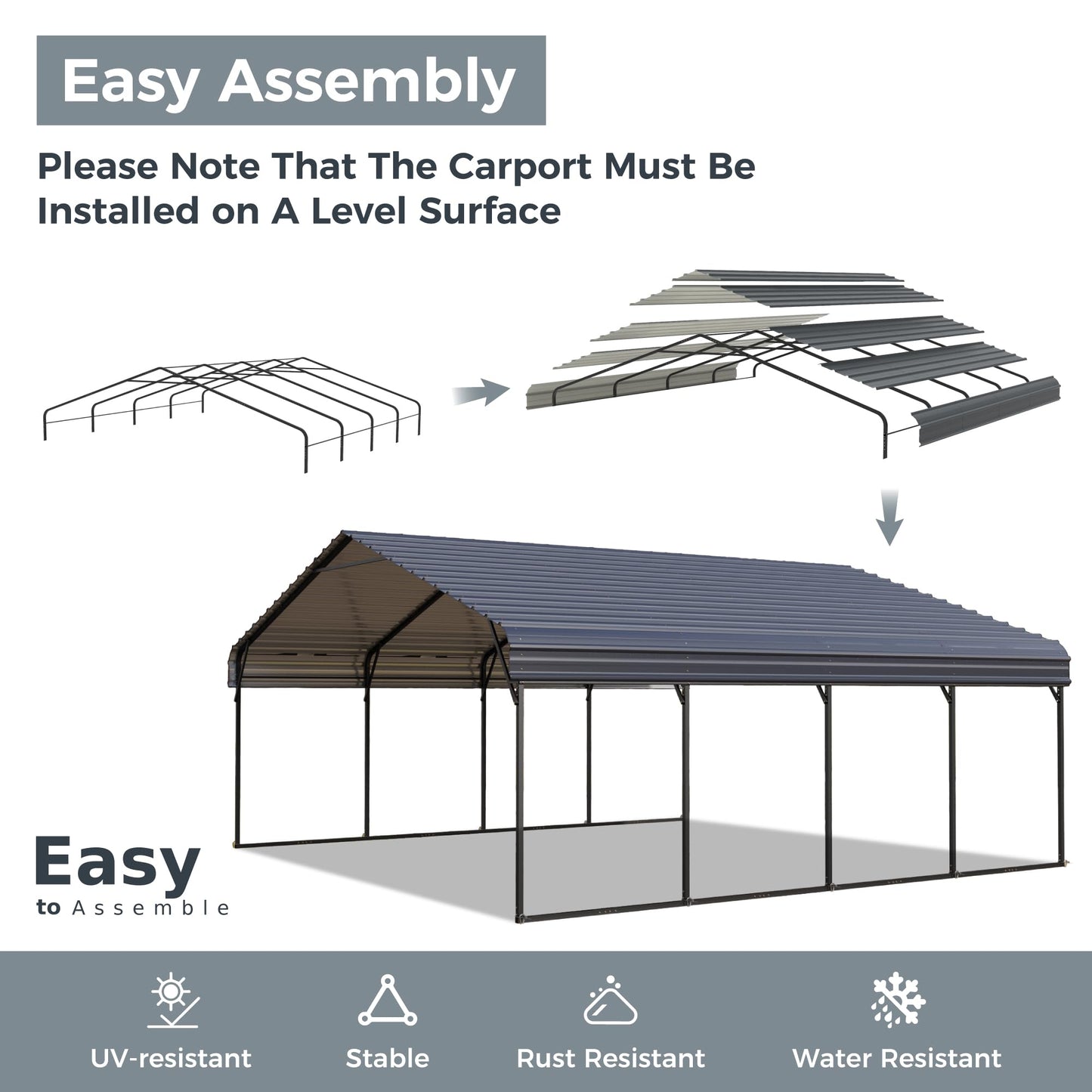 GREEN PARTY 20 x 20 ft Metal Carport Kits with Galvanized Steel Roof, Heavy Duty Metal Carport Canopy, Outdoor Car Tent Metal Garage Shelter for Car, SUV, Truck and Boats, Grey