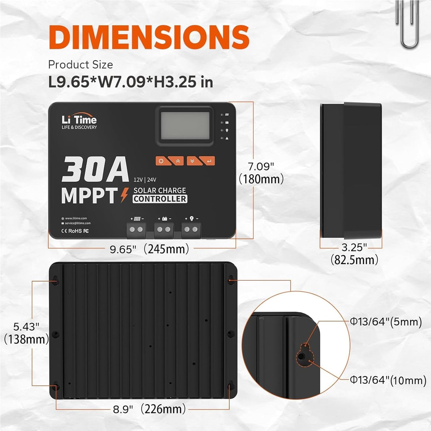 LiTime 30 Amp MPPT 12V/24V/Auto DC Input Solar Charge Controller Build-in Bluetooth Module, Parameter Adjustable LCD Display LED Indicators Solar Panel