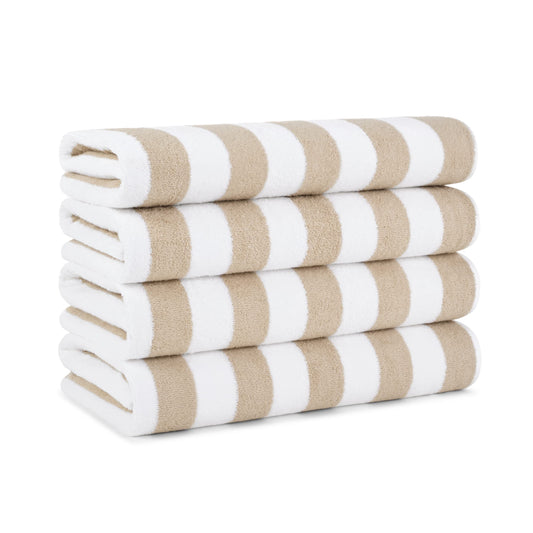 Arkwright California Cabana Stripe Beach Towel - Pack of 4 - Large Soft Quick Dry Cotton Terry Towels Set for Pool, Swim, and Hot Tub, Oversized 30 x 70 in, Beige