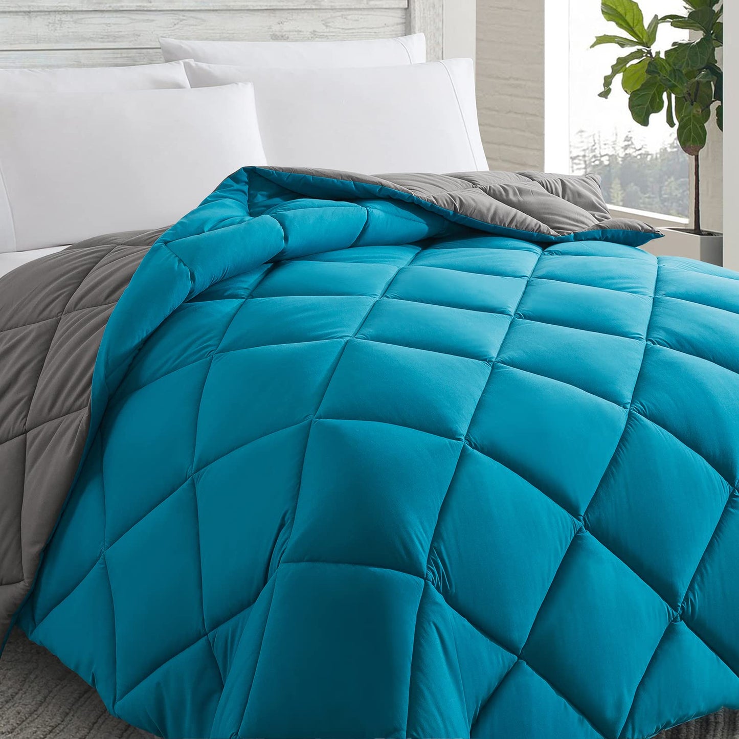 Kanak Bedding 100% Eqyptian Cotton Full XL Size 600 GSM 3 Pieces Reversible Comforter Set, Bedding Sets for All Seasons (1 Comforter + 2 Pillowcases), Turqoise/Grey