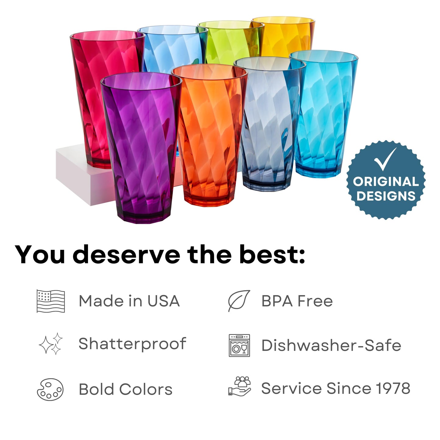 US Acrylic Optix Plastic Reusable Drinking Glasses (Set of 8) 20oz Water Cups in Jewel Tone Colors | BPA-Free Tumblers, Made in USA | Top-Rack Dishwasher Safe