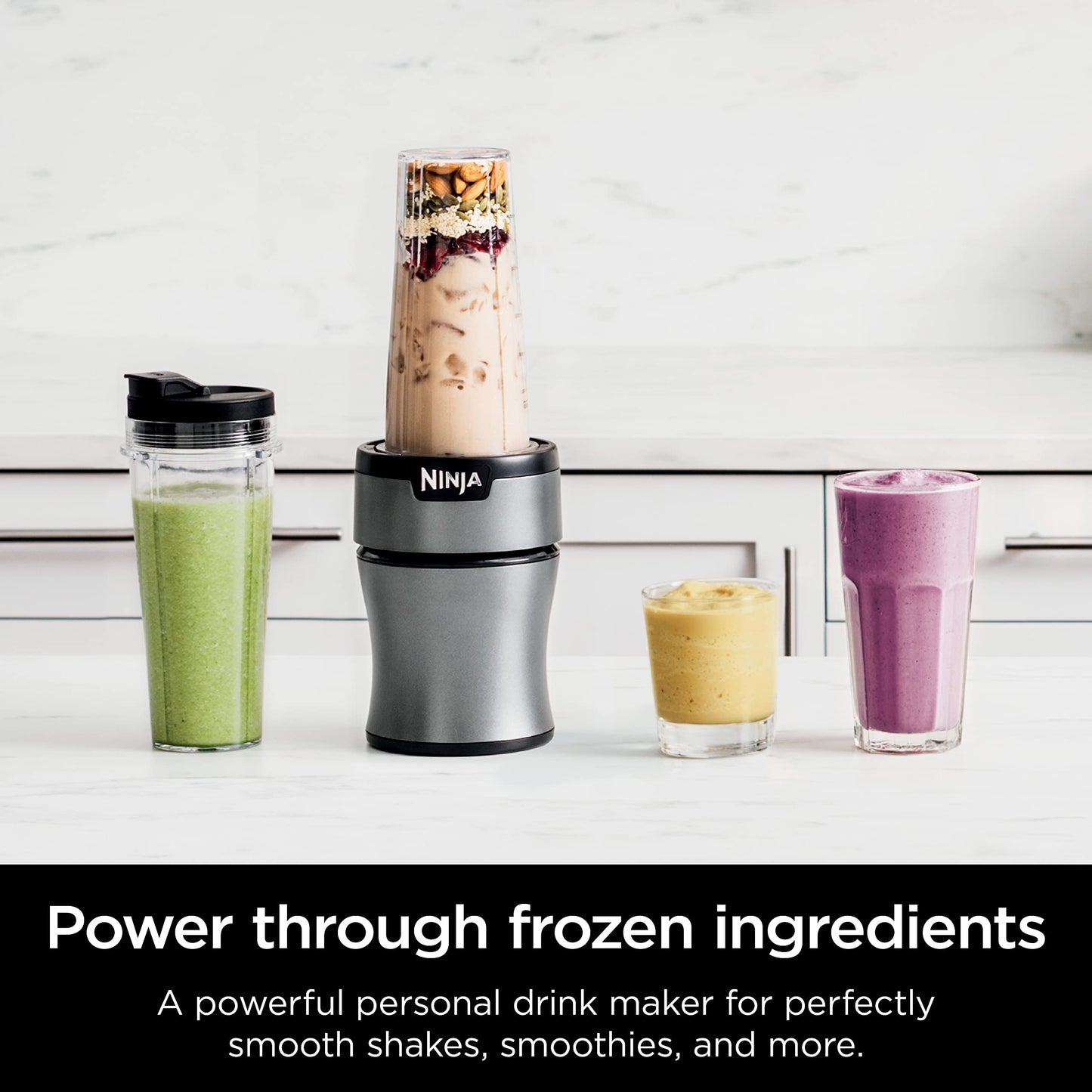 Ninja BN301 Nutri-Blender Plus Compact Personal Blender, 900-Peak-Watt Motor, Frozen Drinks, Smoothies, Sauces & More, (3) 20 oz. To-Go Cups, (2) Spout-Lids (1) Storage-Lid, Dishwasher Safe, Silver