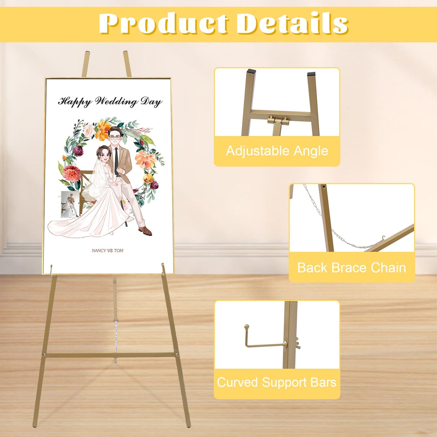 2 Pack Easel Stands Floor Easel Foldable Display Stand Height Adjustable Gold Easel Stand for Weddings Shops Exhibitions 40.95inch Height (Vertical Height of The Longest Position of Zipper)