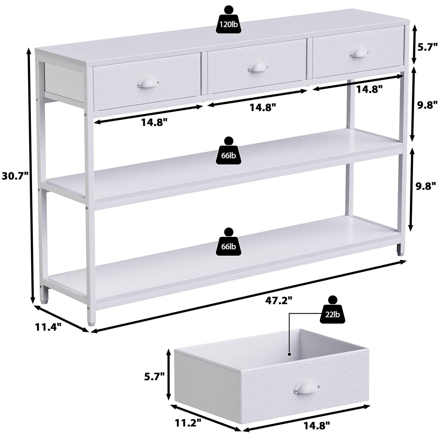 White Long 47" Console Sofa Table with 3 Drawers, Entryway Table with 3-Tier Storage Shelves, Display Shelf for Entry Way, Hallway, Couch, Living Room, Kitchen, Foyer